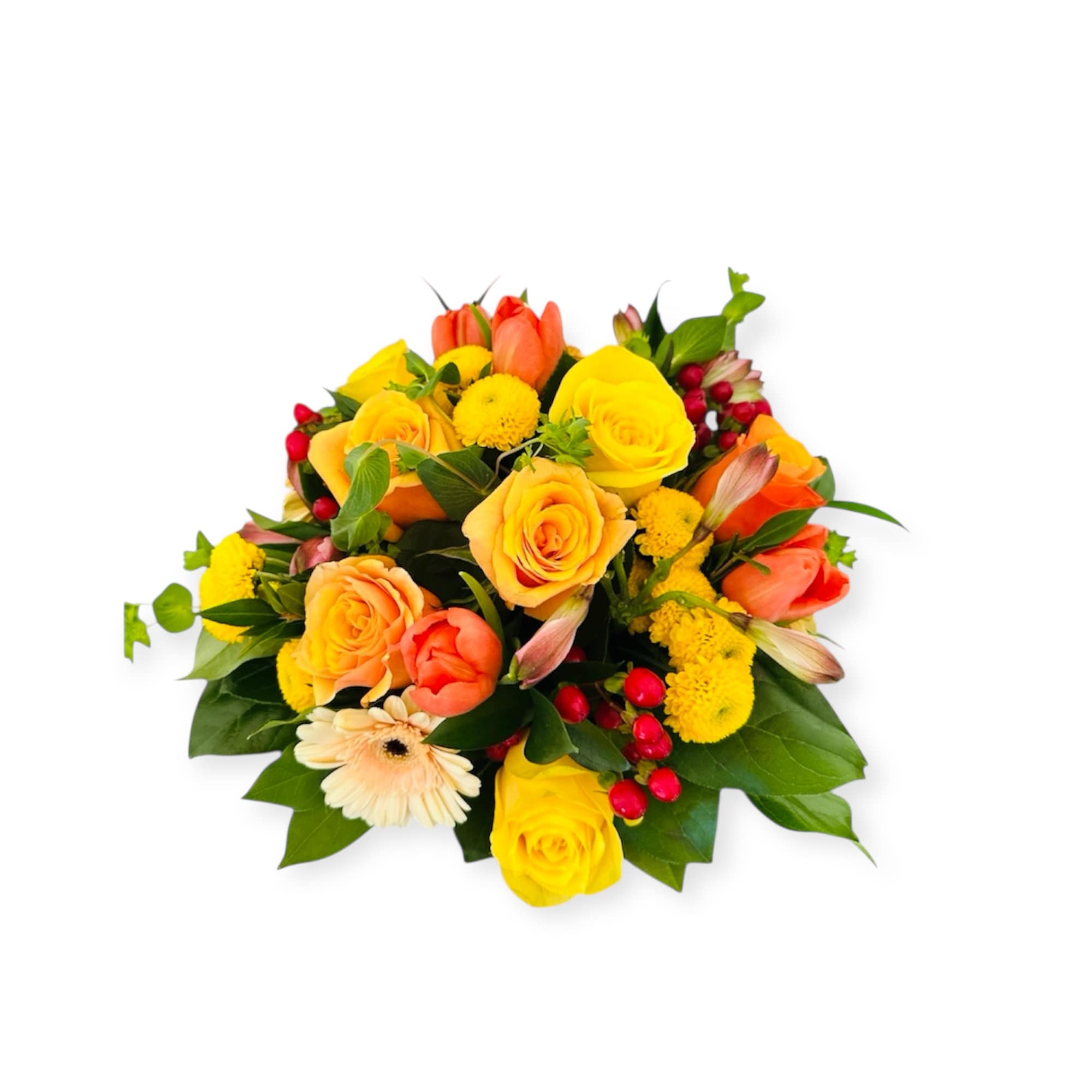 Bouquet of yellow and orange roses with mixed blooms