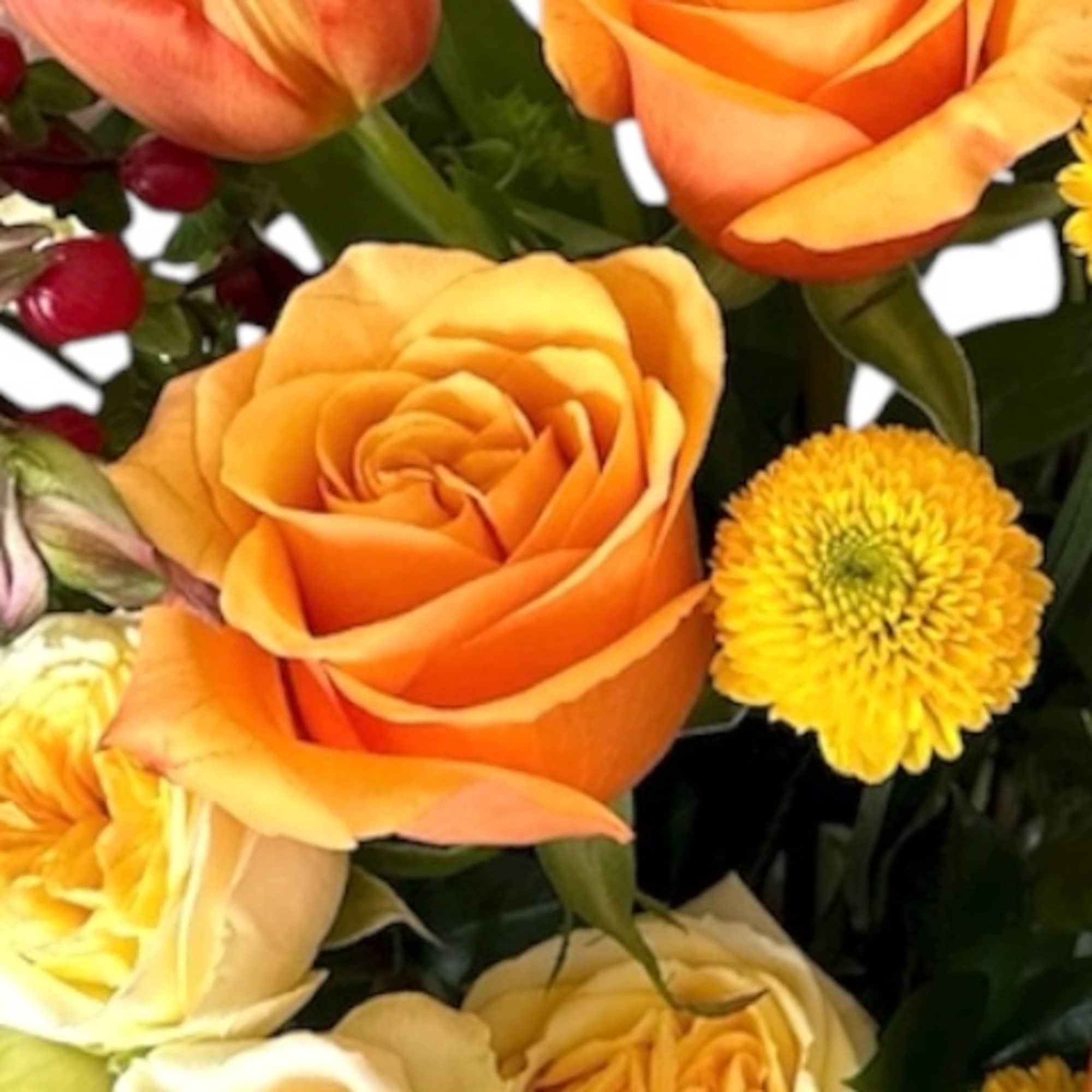 Bouquet of orange and yellow roses with small yellow blooms