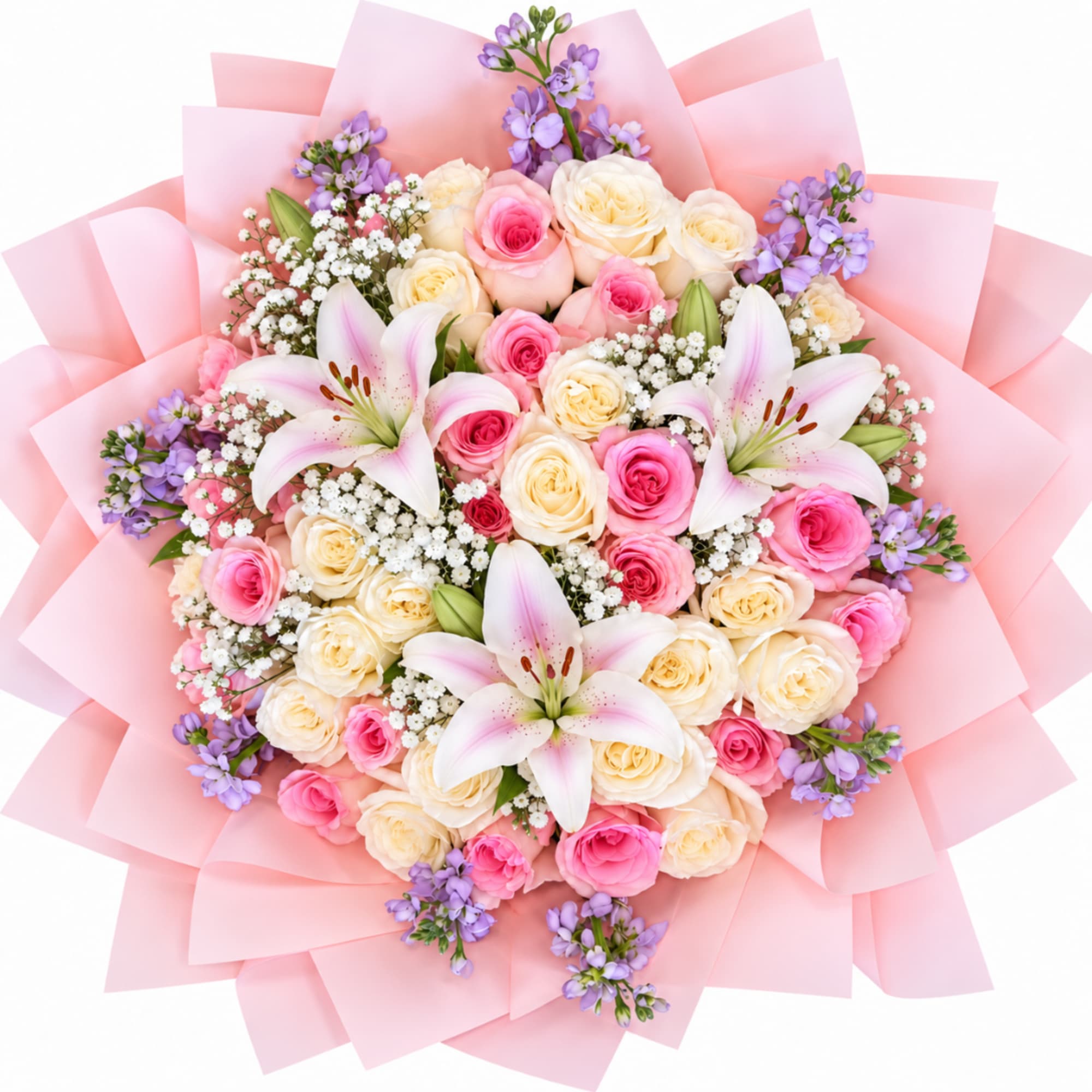 Pink and cream rose bouquet with white lilies and purple accents