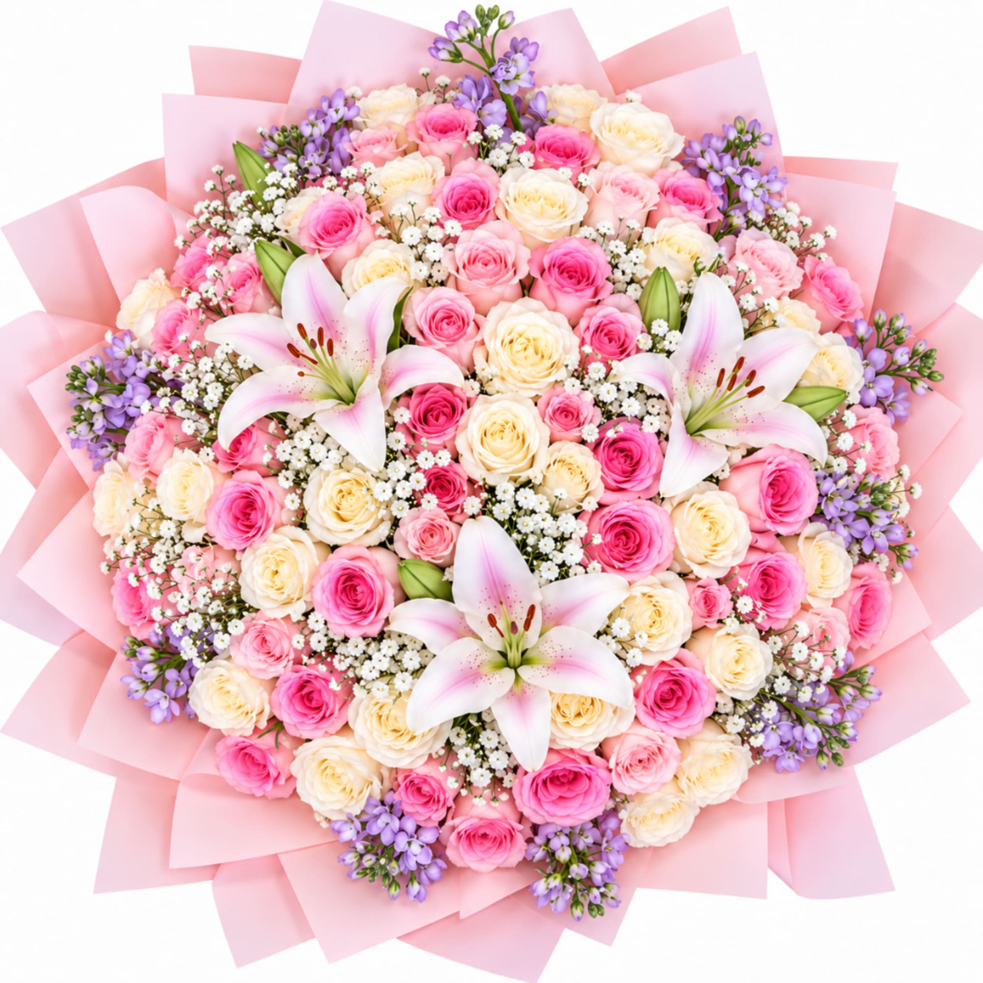 Round bouquet of pink and cream roses with white lilies and purple accents