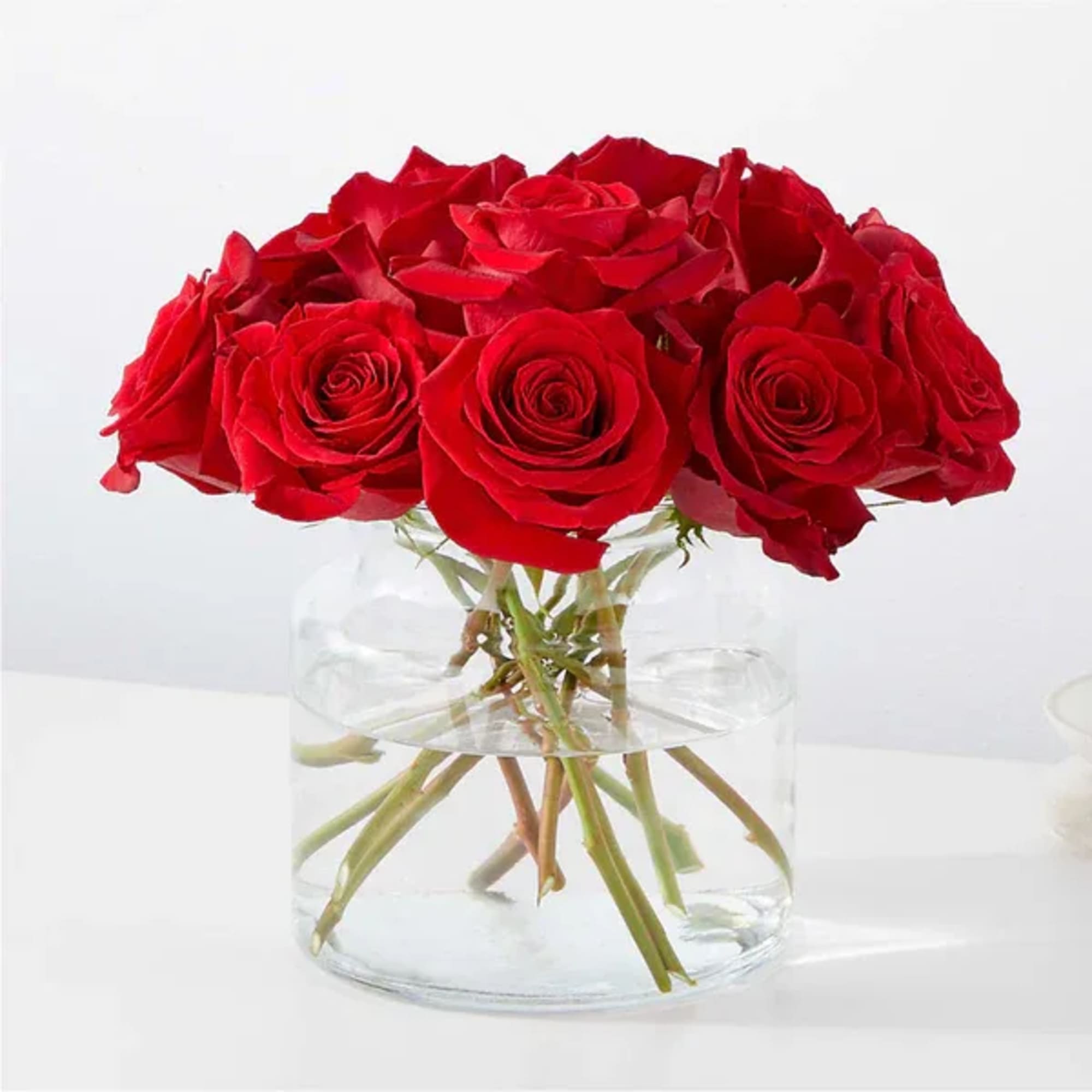 Red roses arranged in a clear glass vase