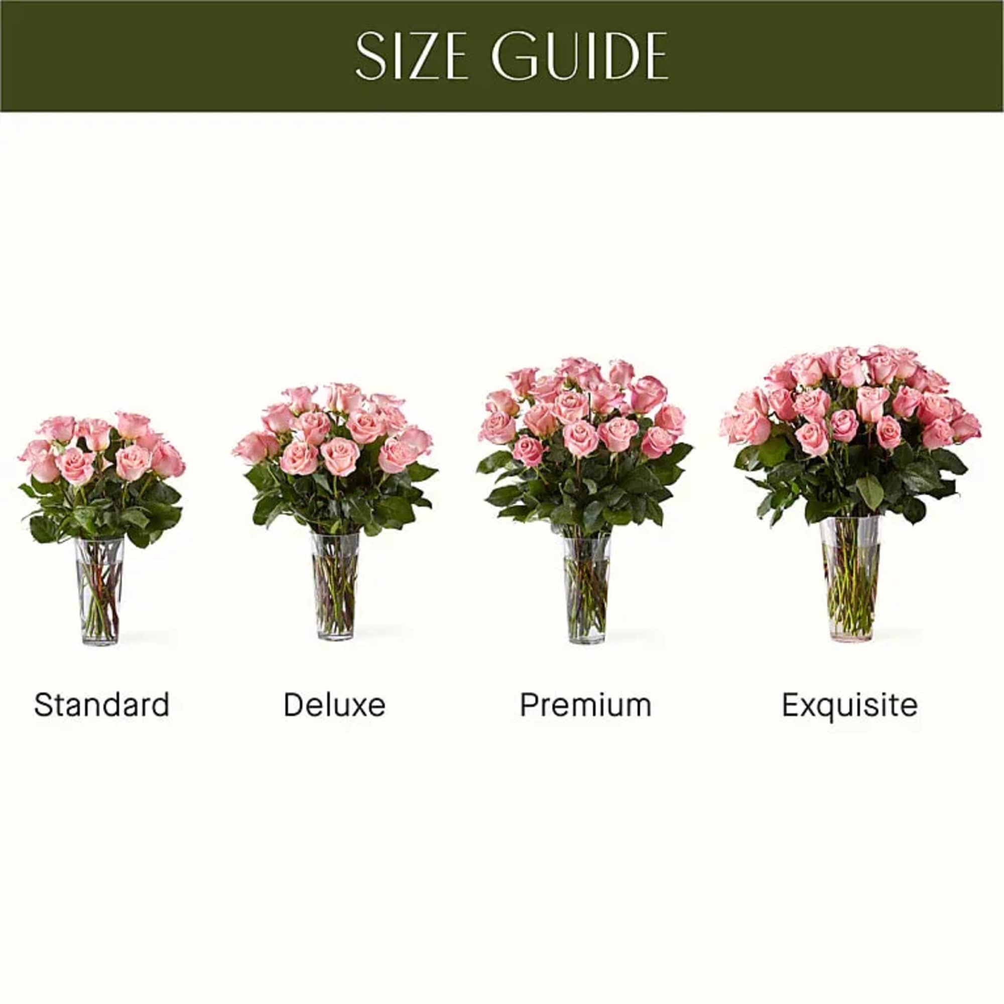 Size guide showing four pink rose arrangements in clear vases