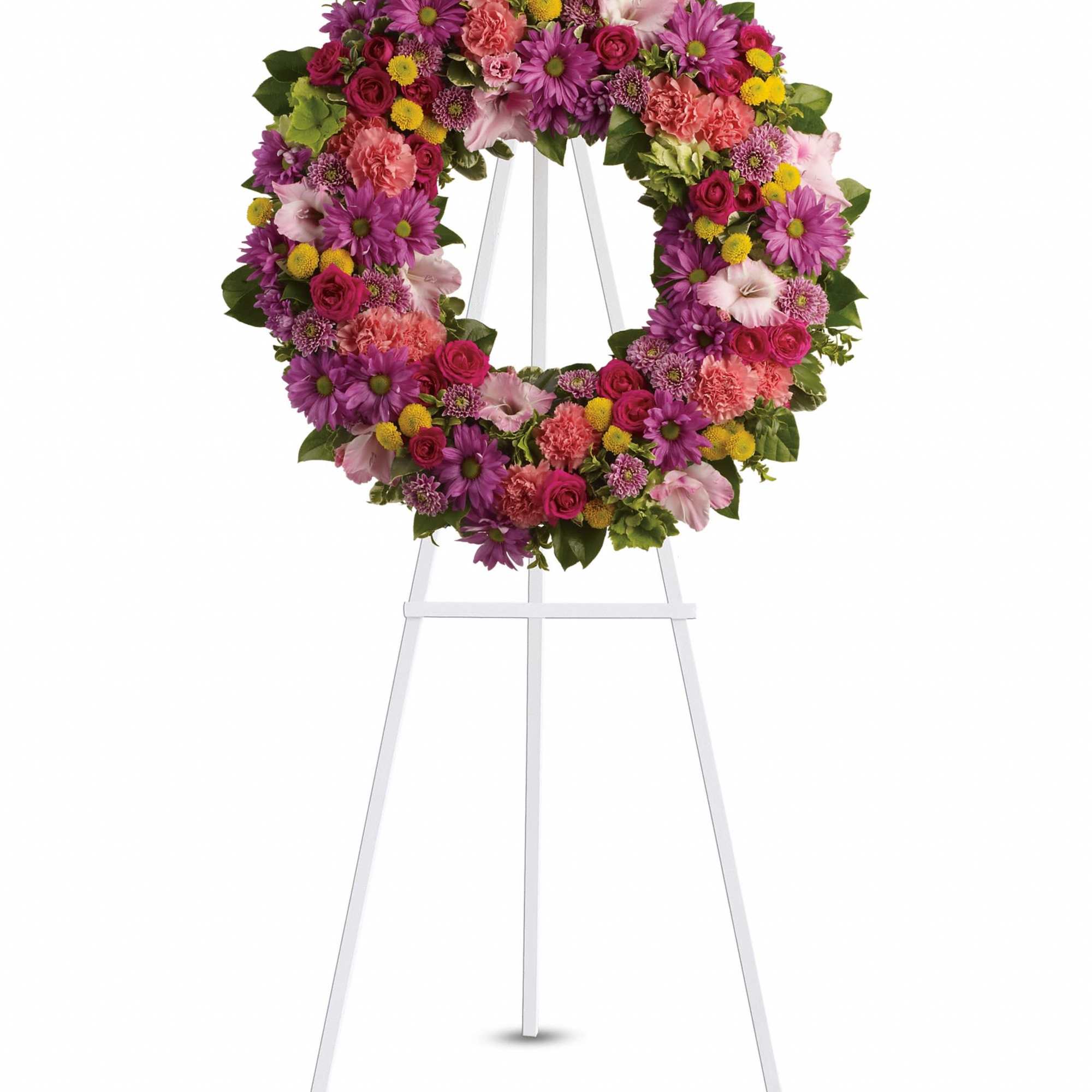 Colorful floral wreath on a white easel