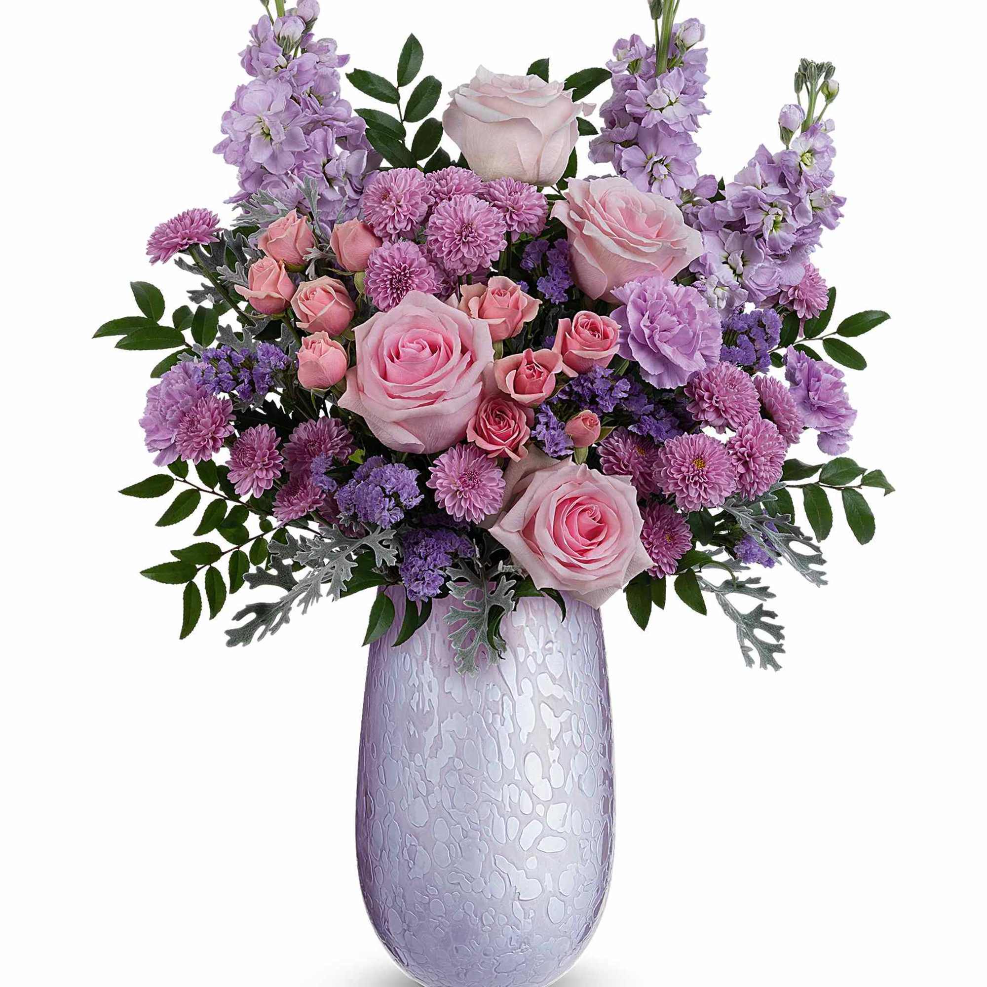 What a treat! Overflowing with pink roses and lavender blooms, this stunning