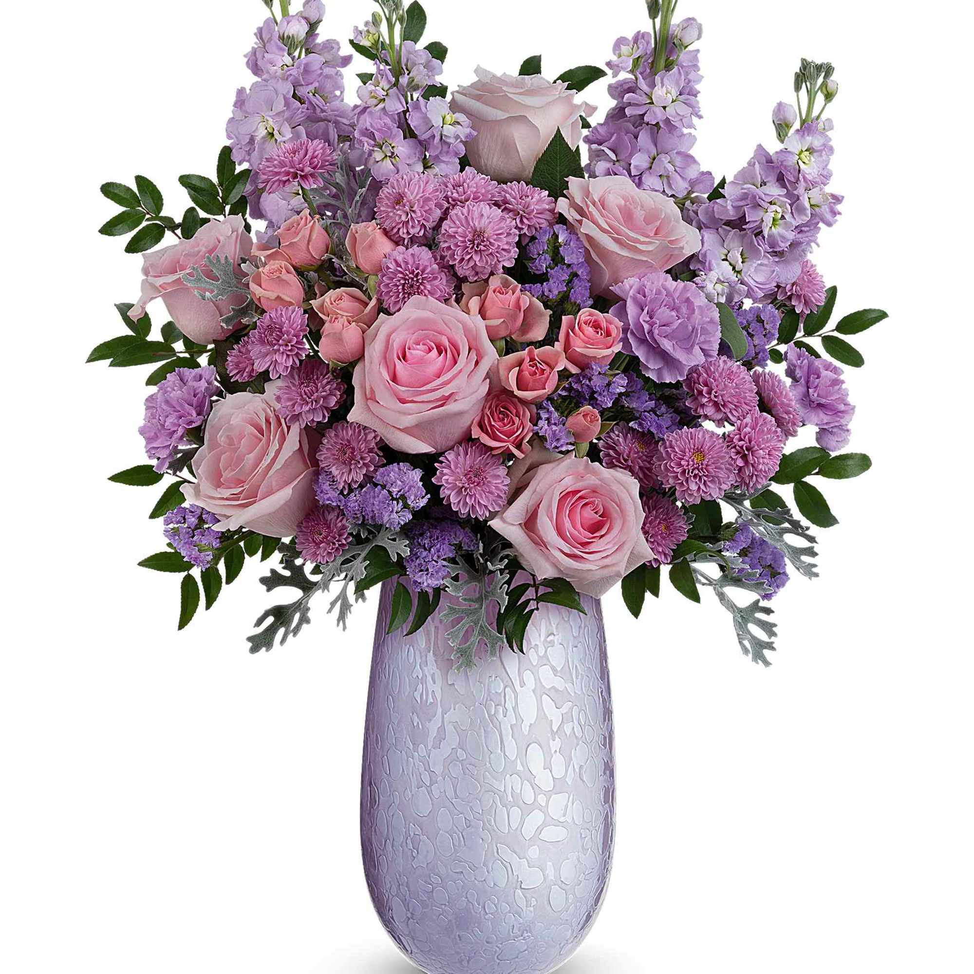 What a treat! Overflowing with pink roses and lavender blooms, this stunning