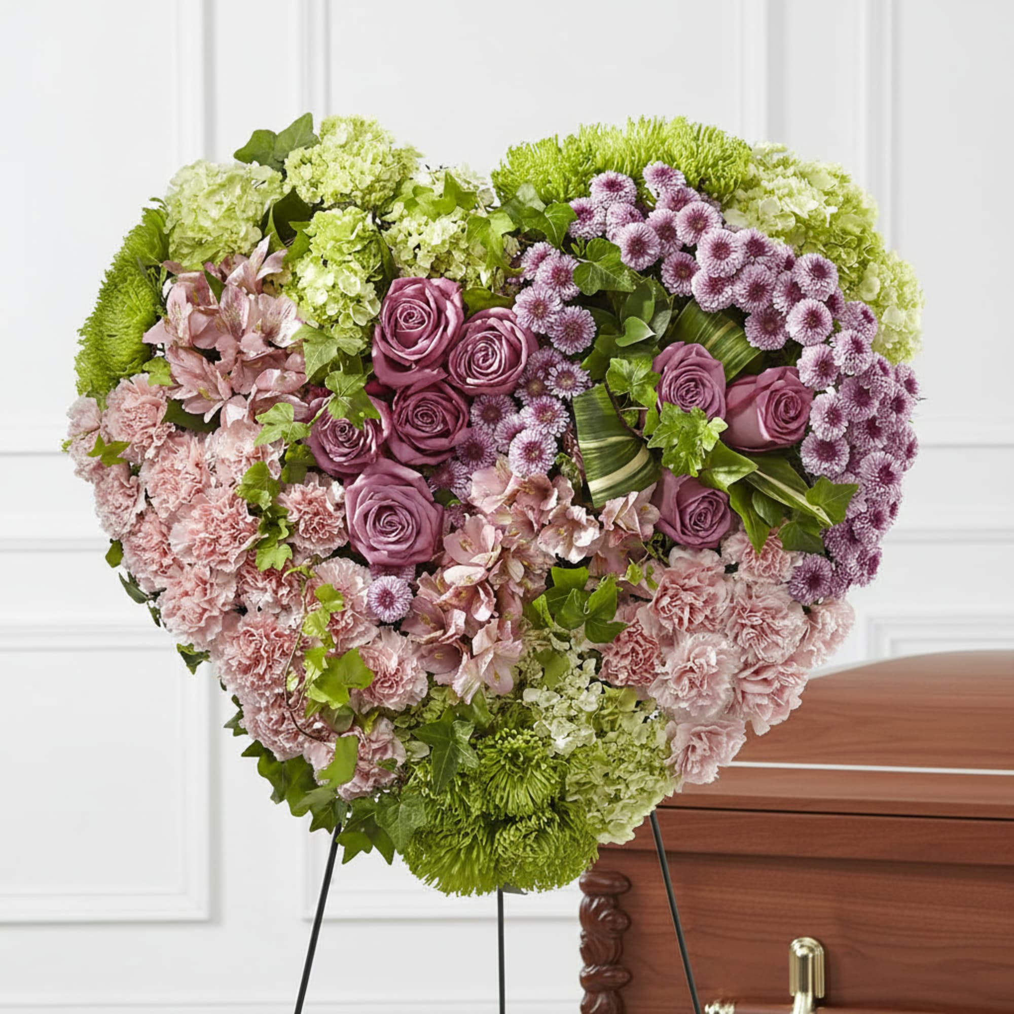 Heart-shaped floral spray with pink and purple flowers on a stand