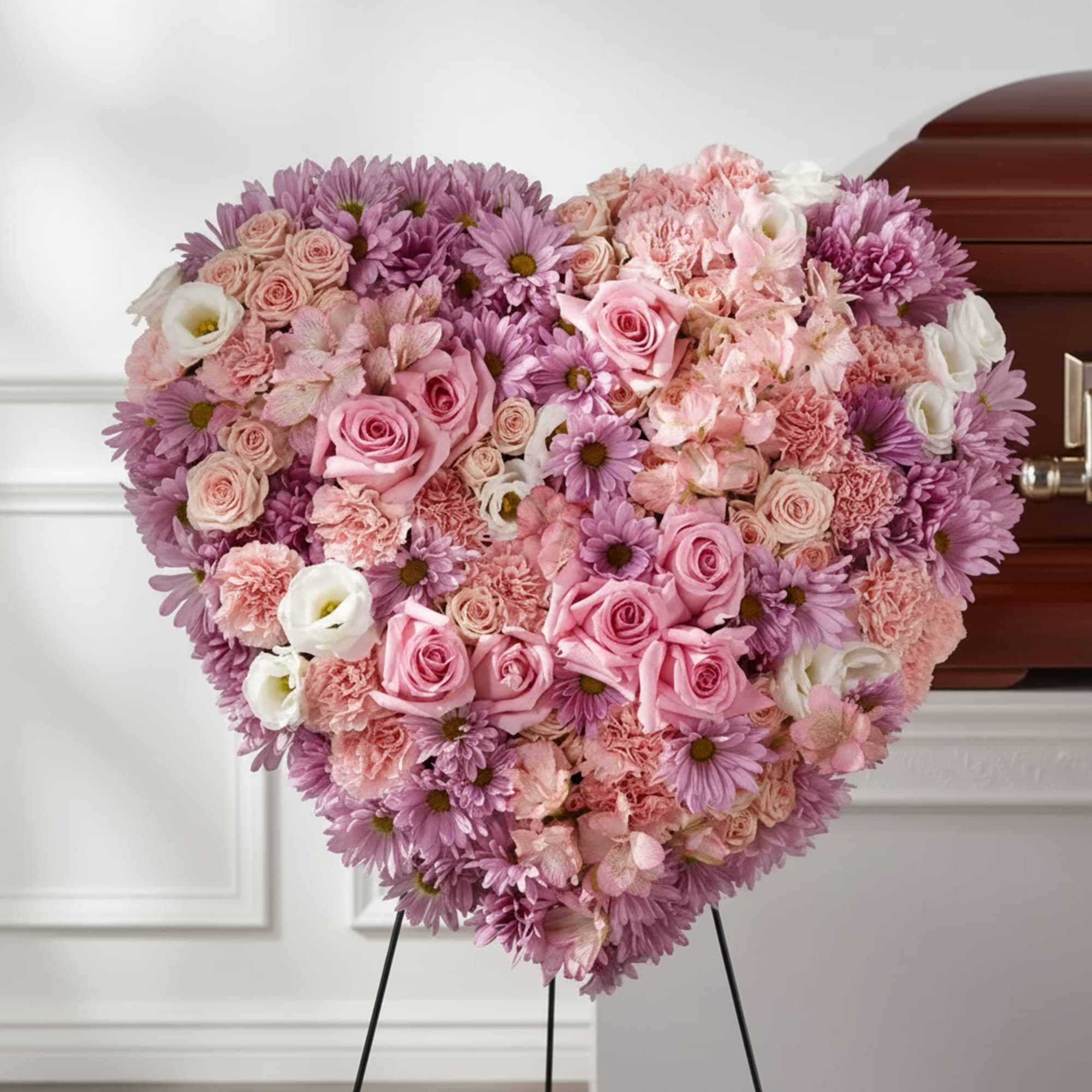 Heart-shaped floral tribute with pink and purple flowers on an easel