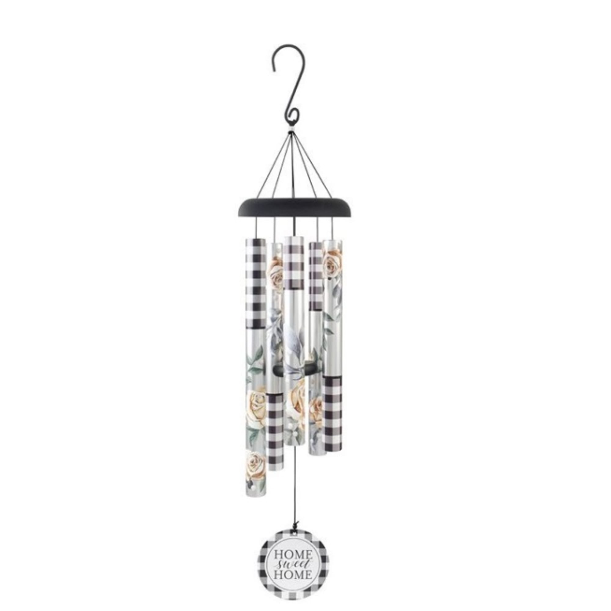 Black and white check wind chime with floral tubes and round 'Home Sweet Home' charm