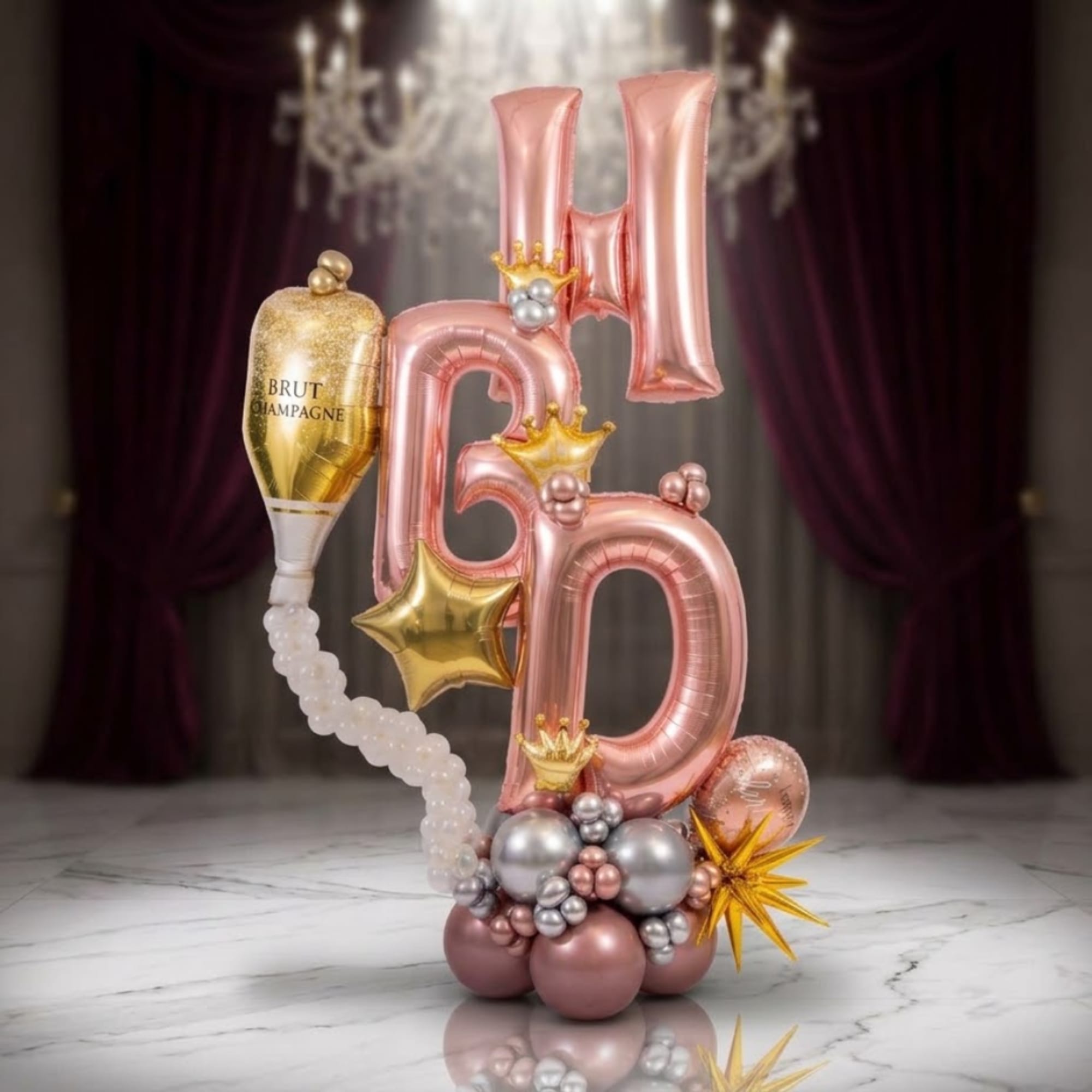 Pink and gold balloon arrangement with a champagne bottle balloon and crown accents