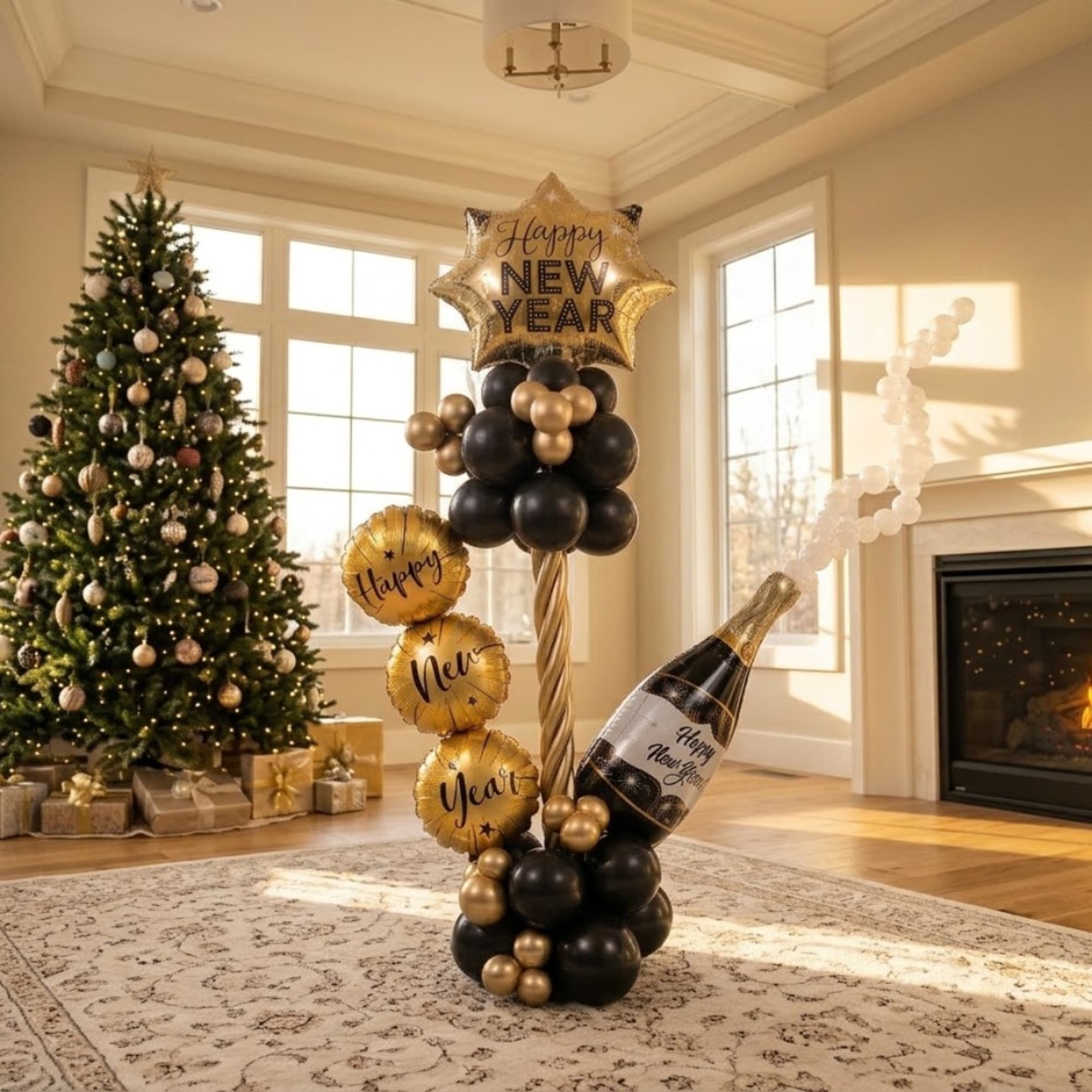 New Year balloon display with gold and black balloons in a living room