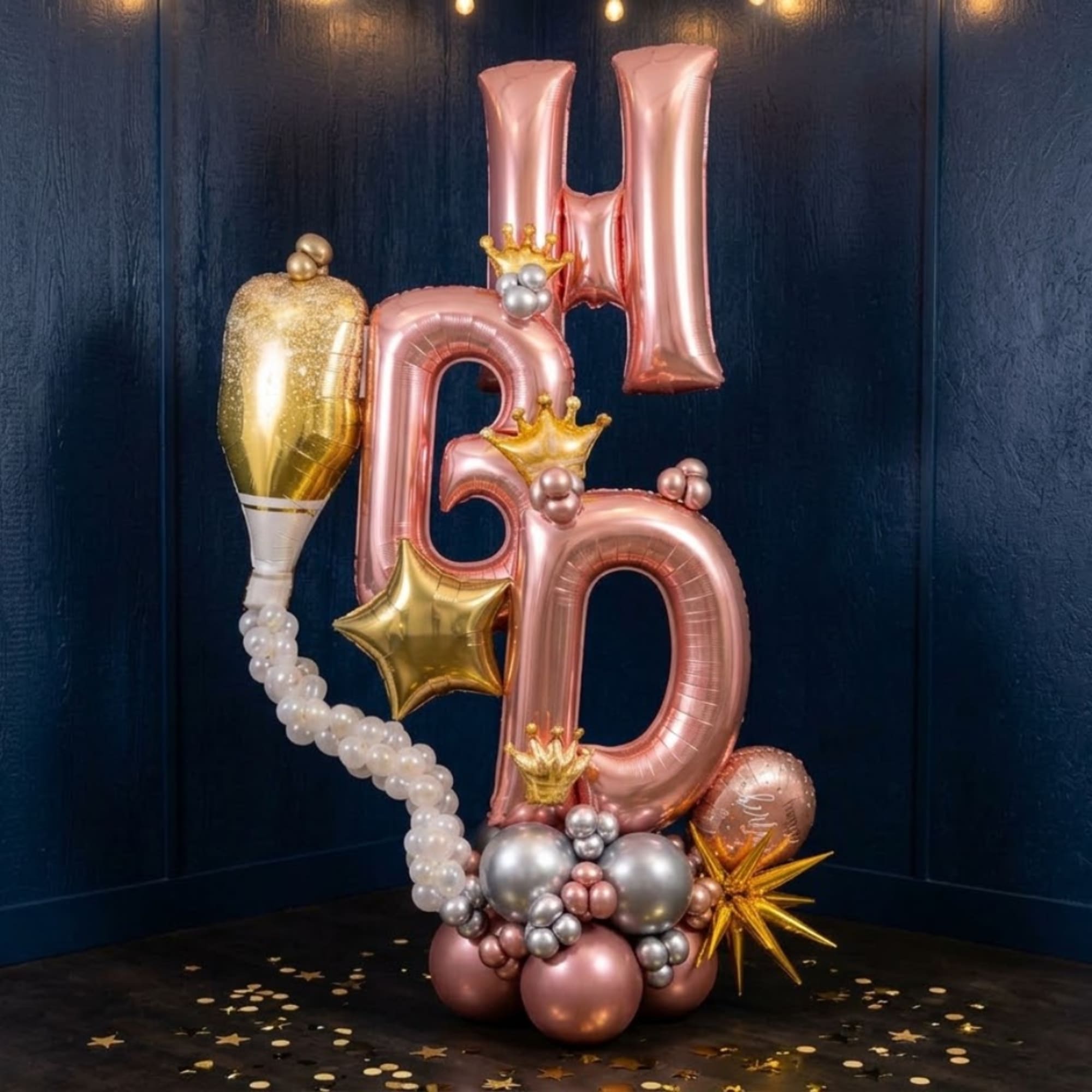 Rose gold and gold number balloons with a champagne bottle balloon and star accents