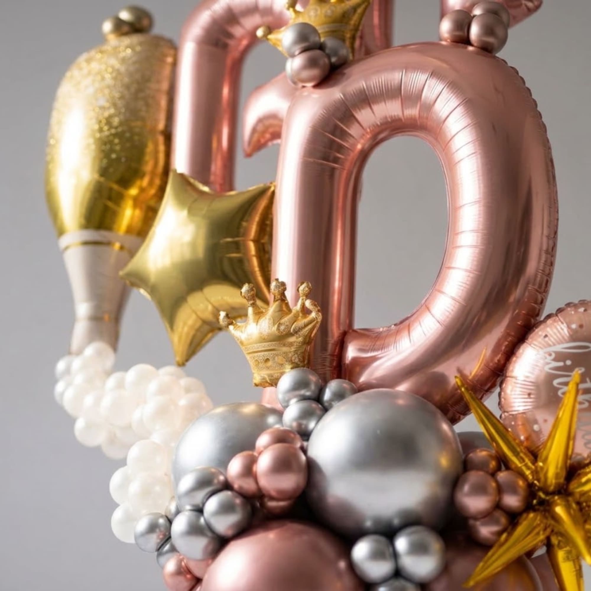 Rose gold number balloons with gold and silver star balloons