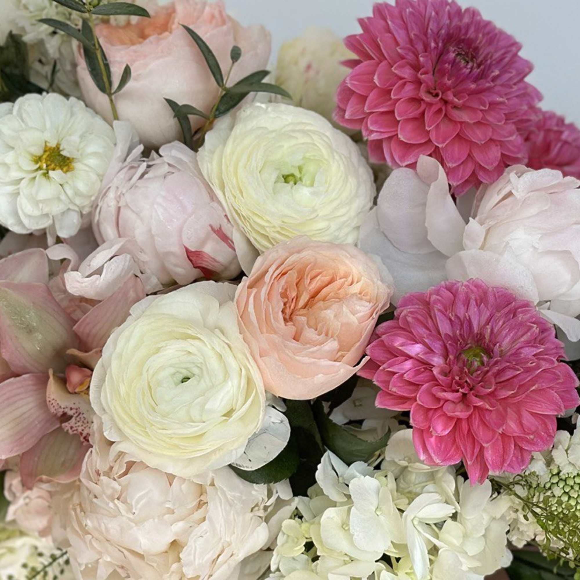 Bouquet of pink, white, and peach flowers with round blooms