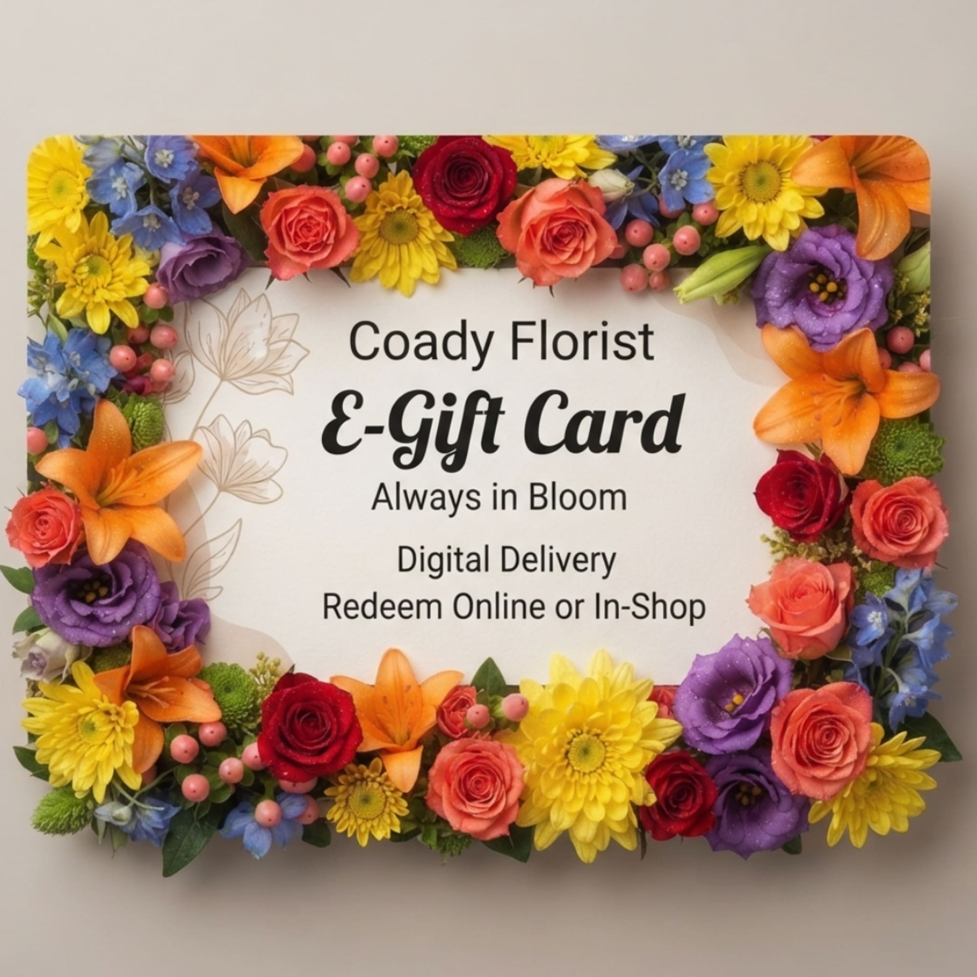 Floral e-gift card with a colorful flower border and centered text