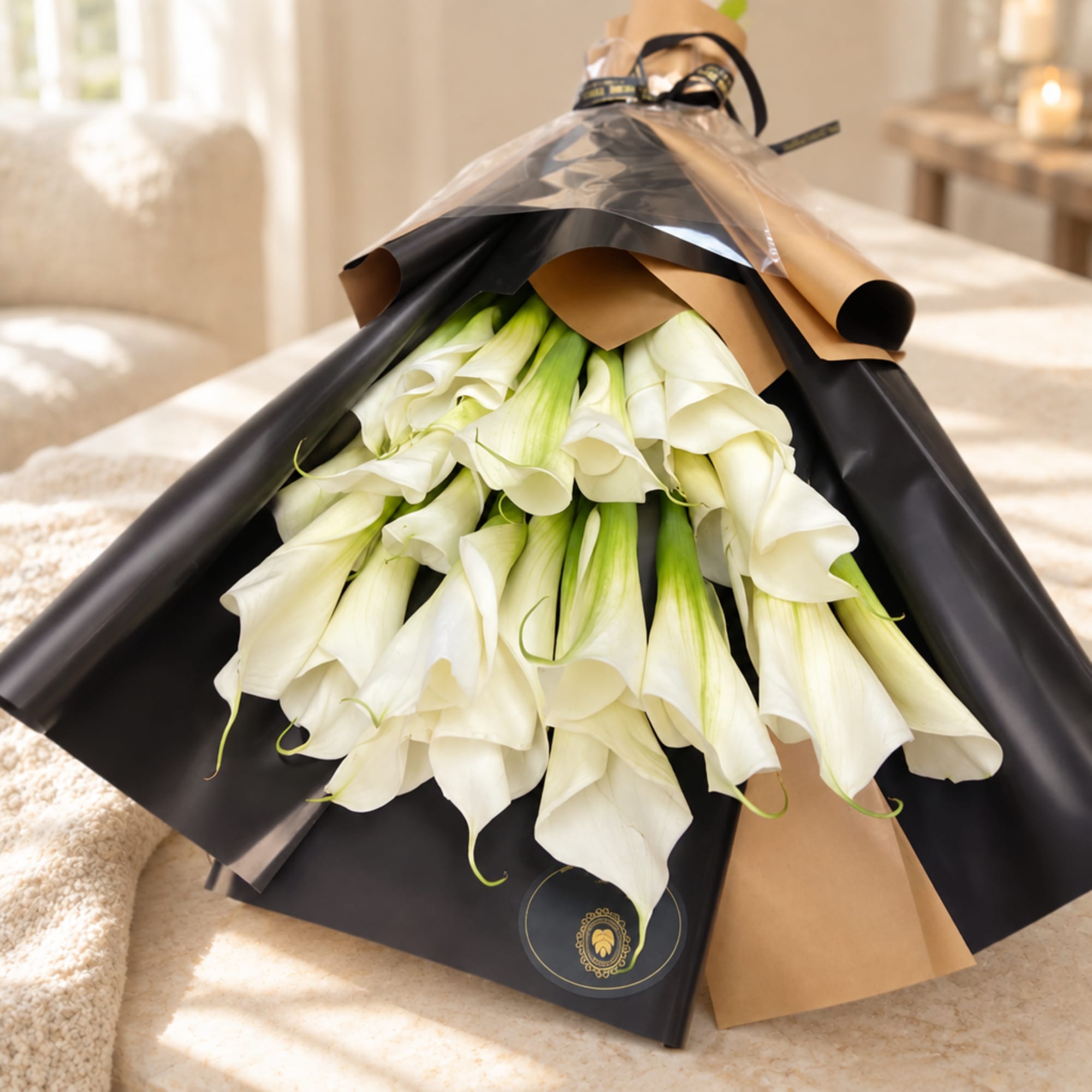 Bouquet of white calla lilies wrapped in black and brown paper