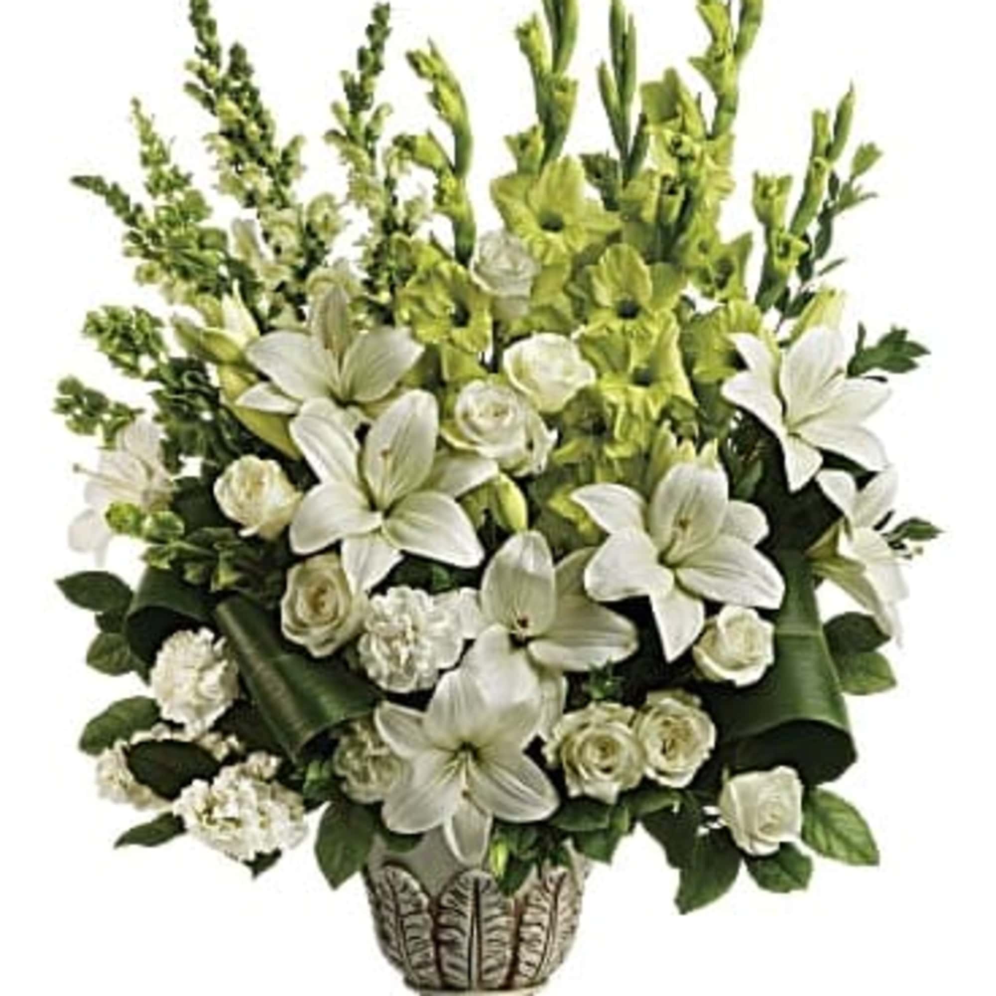 As serene as gently falling snow, this elegant white arrangement in a