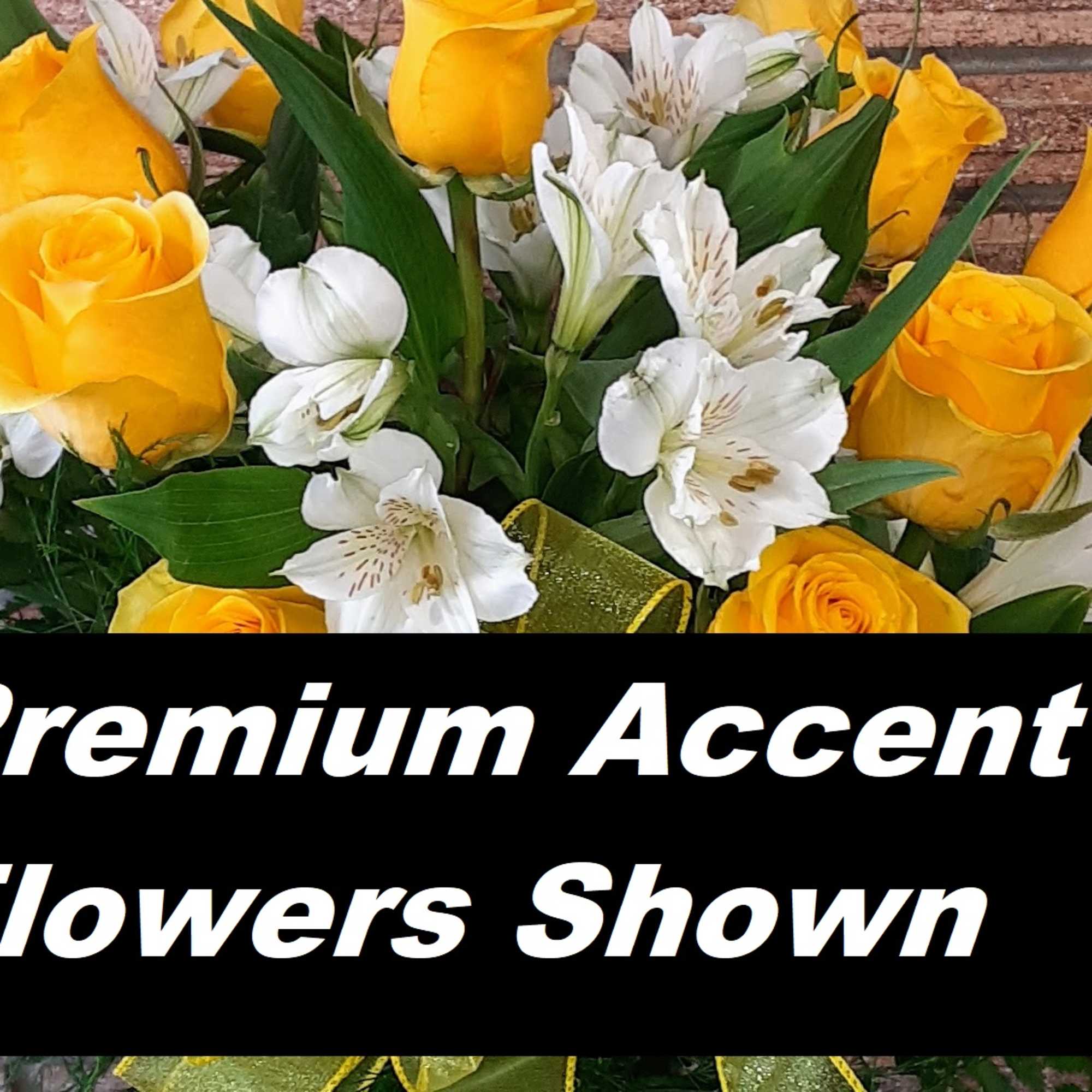 Yellow roses and white alstroemeria bouquet with a ribbon
