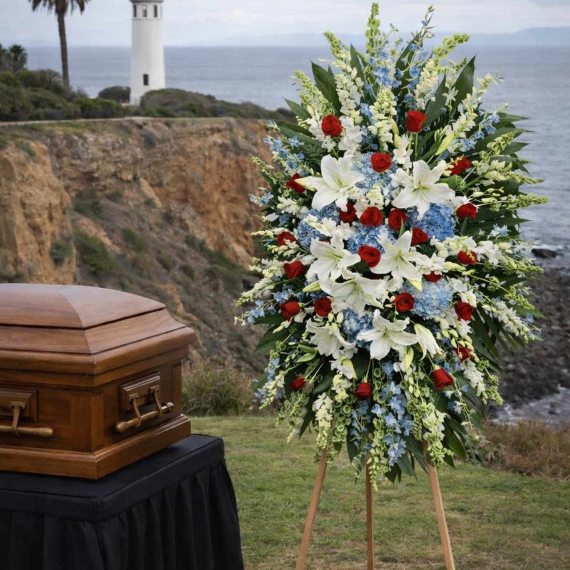 Standing funeral spray with white lilies, red roses, and blue flowers beside a casket