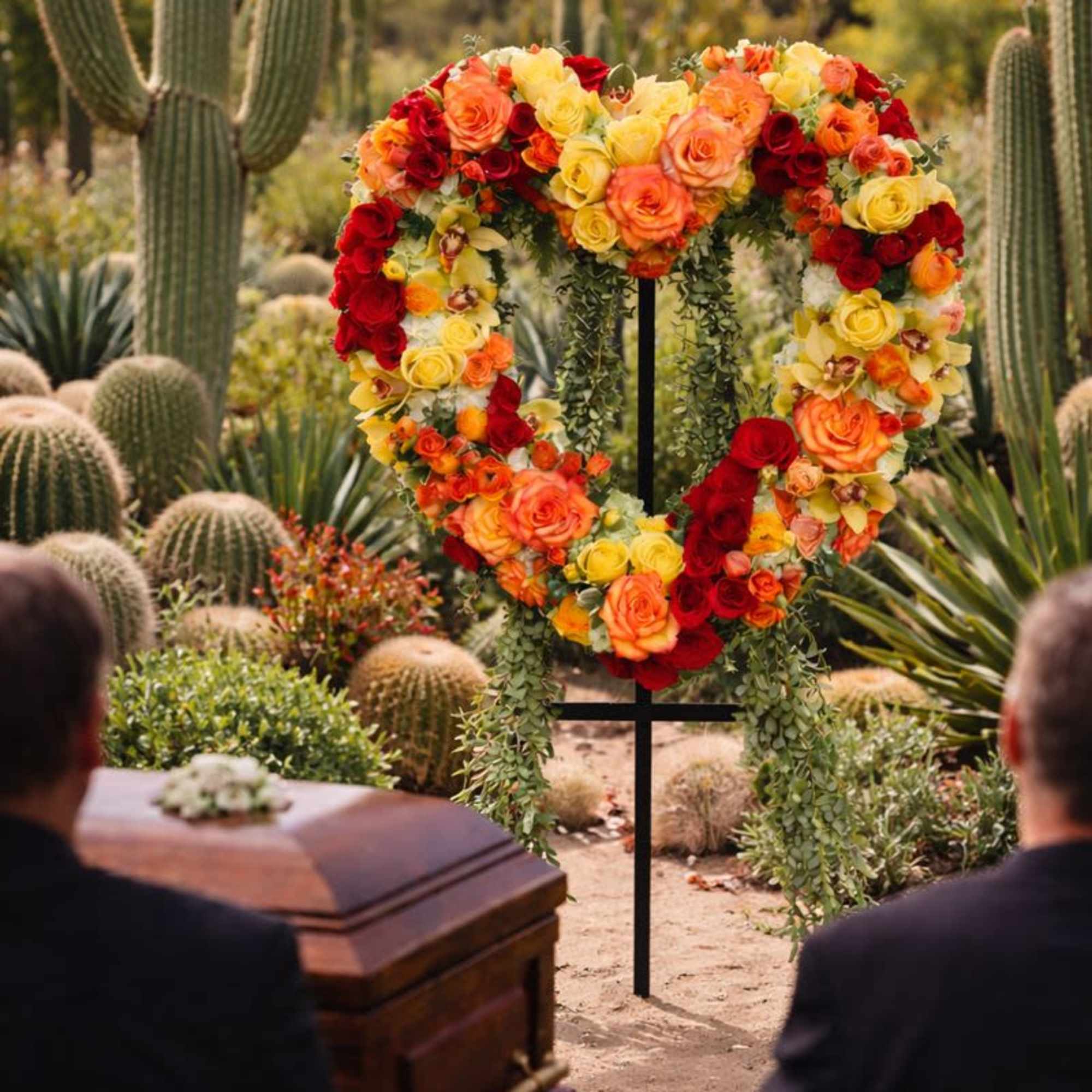 Heart-shaped floral wreath with red, orange, and yellow roses at an outdoor funeral