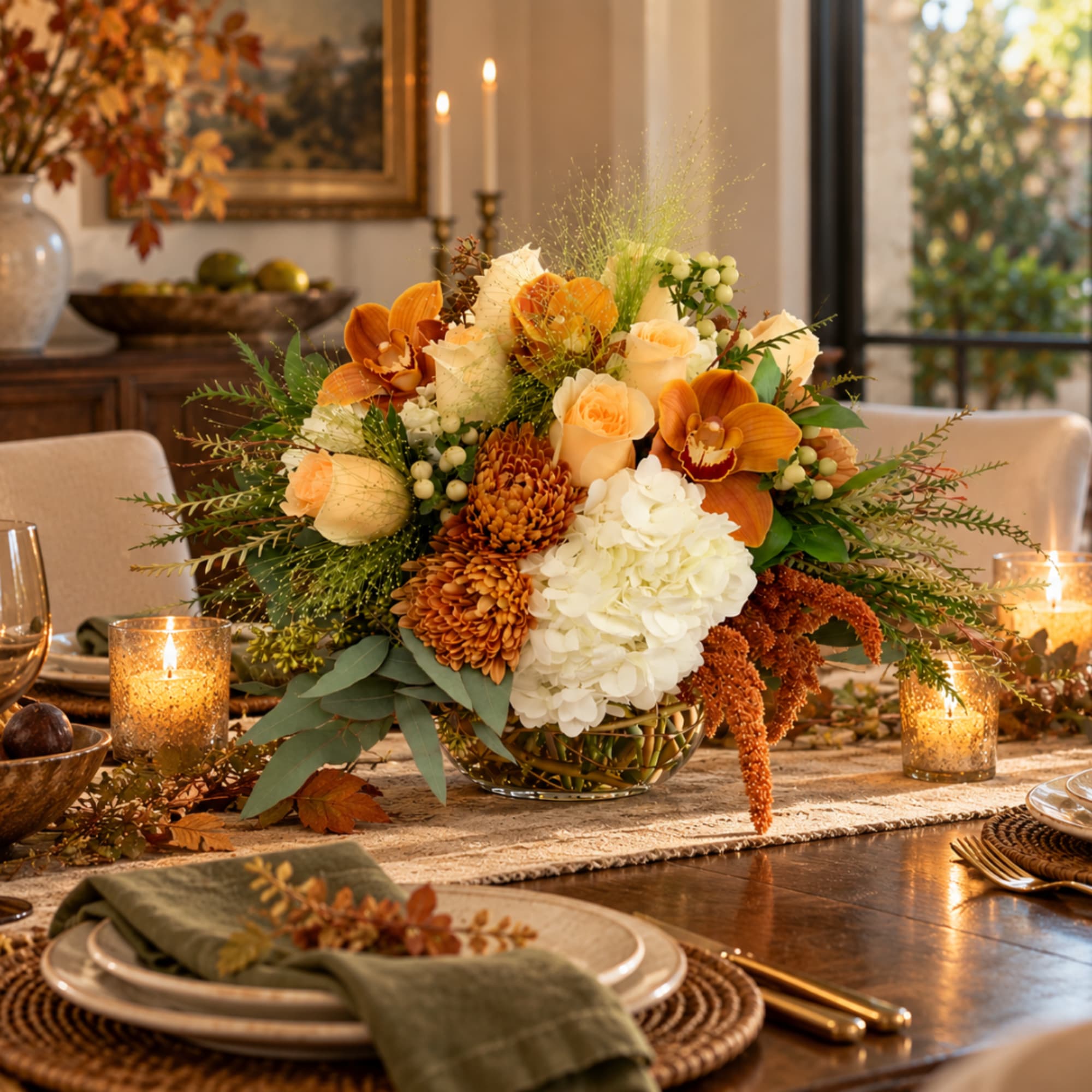 Autumn floral centerpiece with orange and white blooms in a low vase