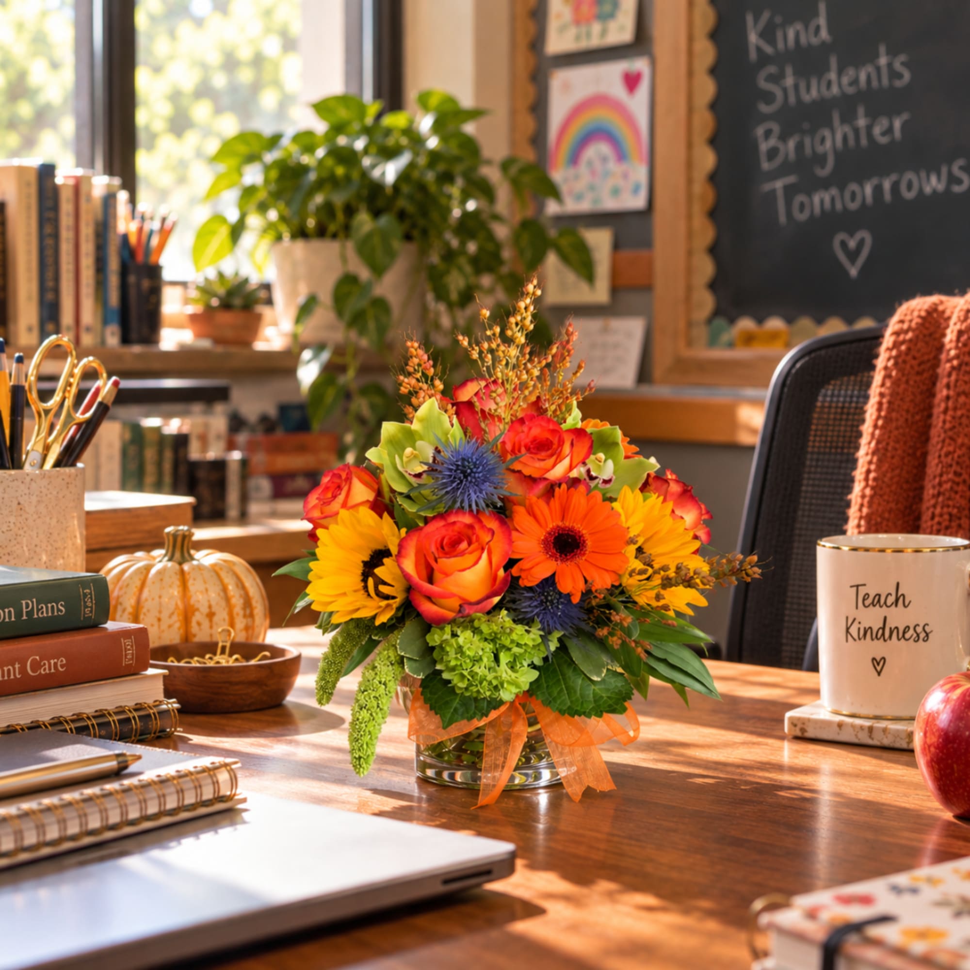 Bright mixed bouquet in a glass vase on a desk