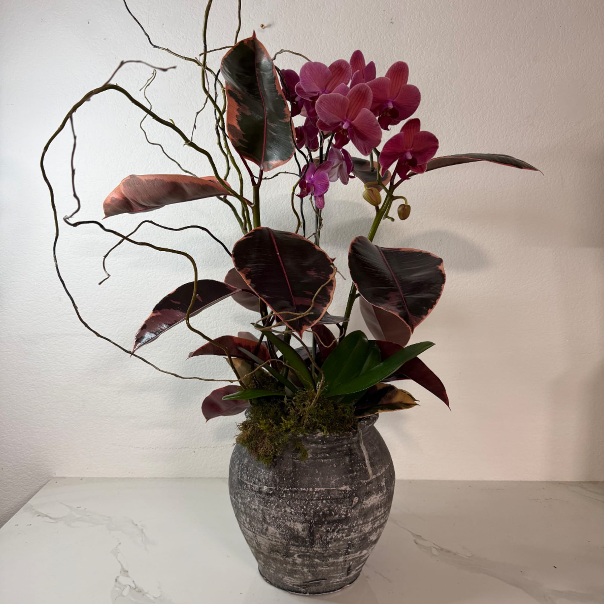 Purple orchid arrangement in a gray ceramic vase with dark variegated leaves