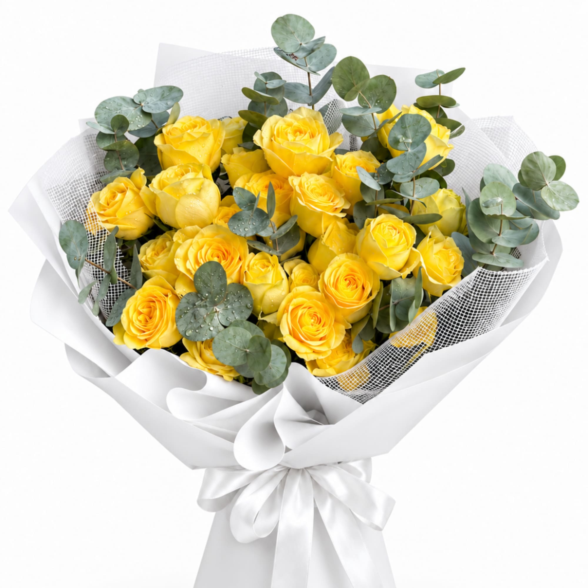 Bouquet of yellow roses with eucalyptus wrapped in white paper