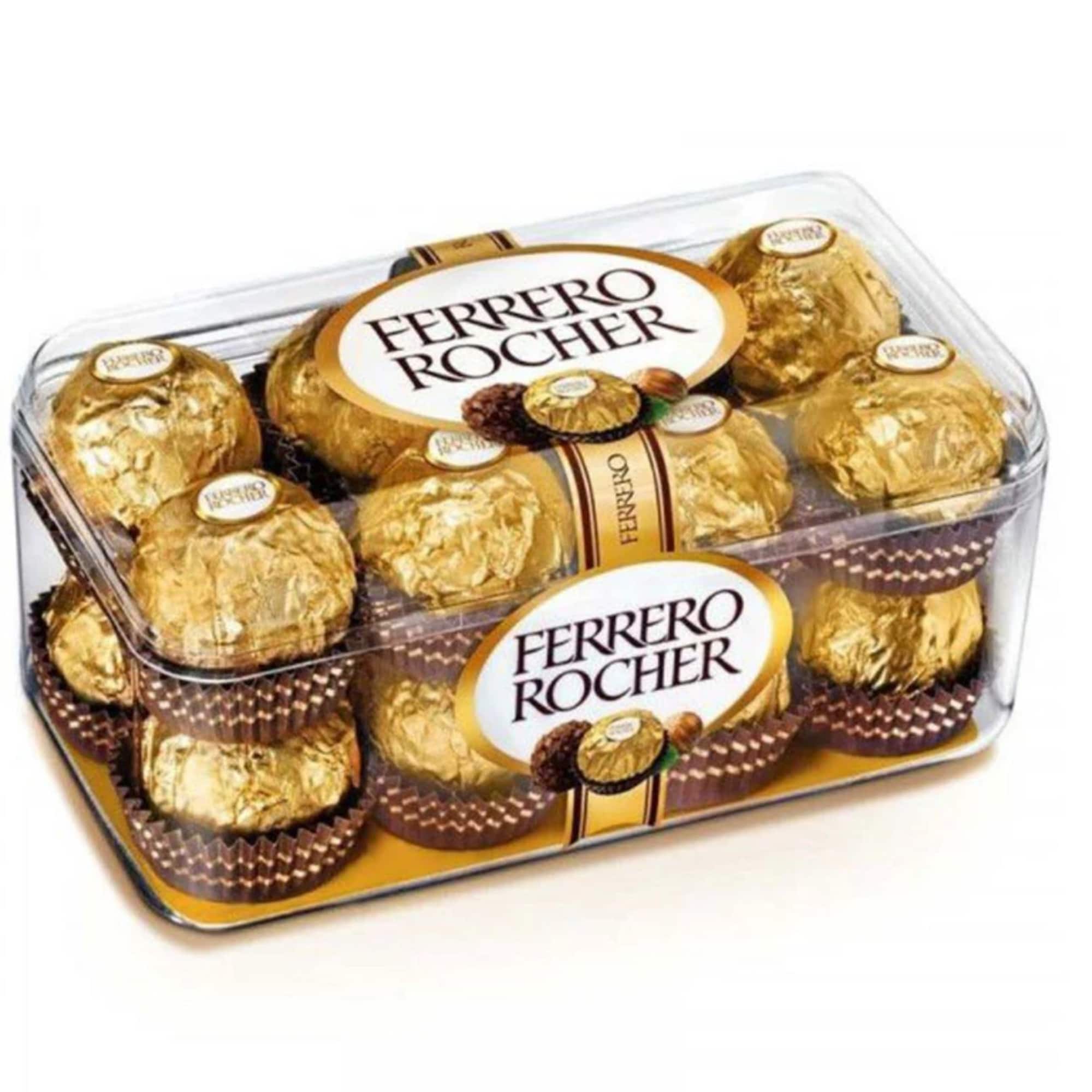 Box of Ferrero Rocher chocolates in gold wrappers