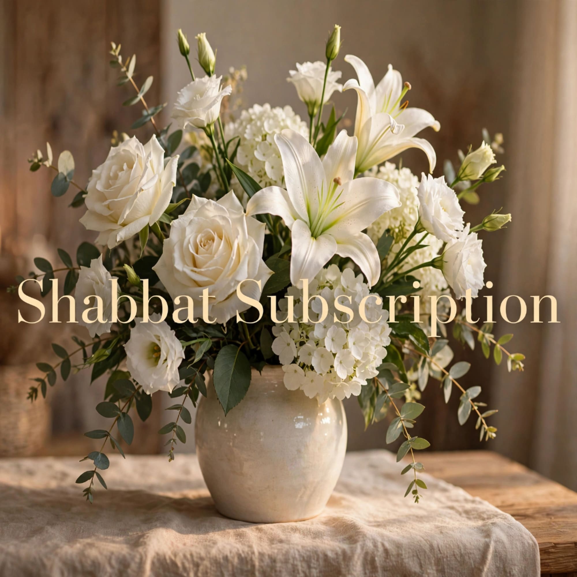 White roses and lilies in a ceramic vase with overlaid text