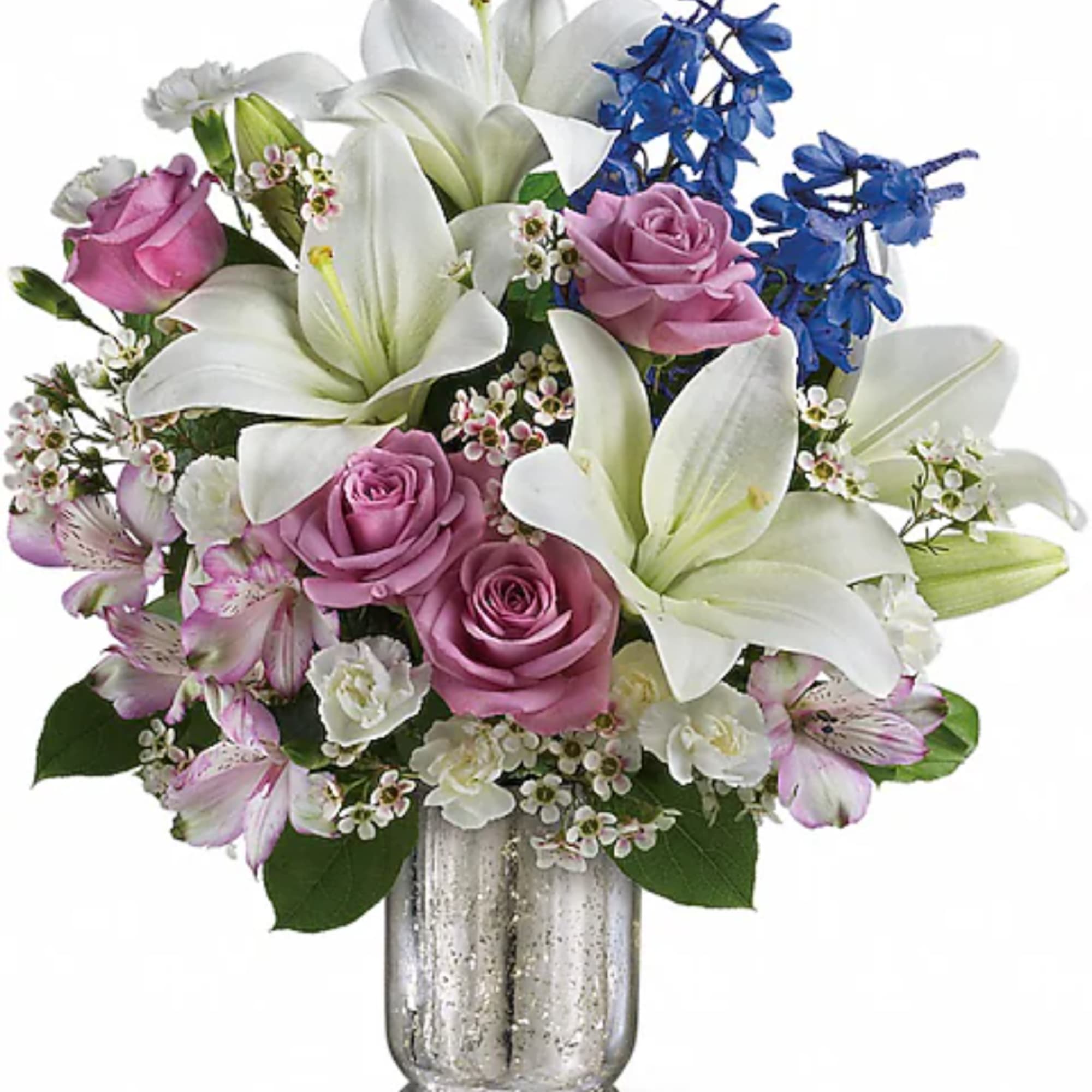 Pink roses and white lilies in a silver vase with blue flowers
