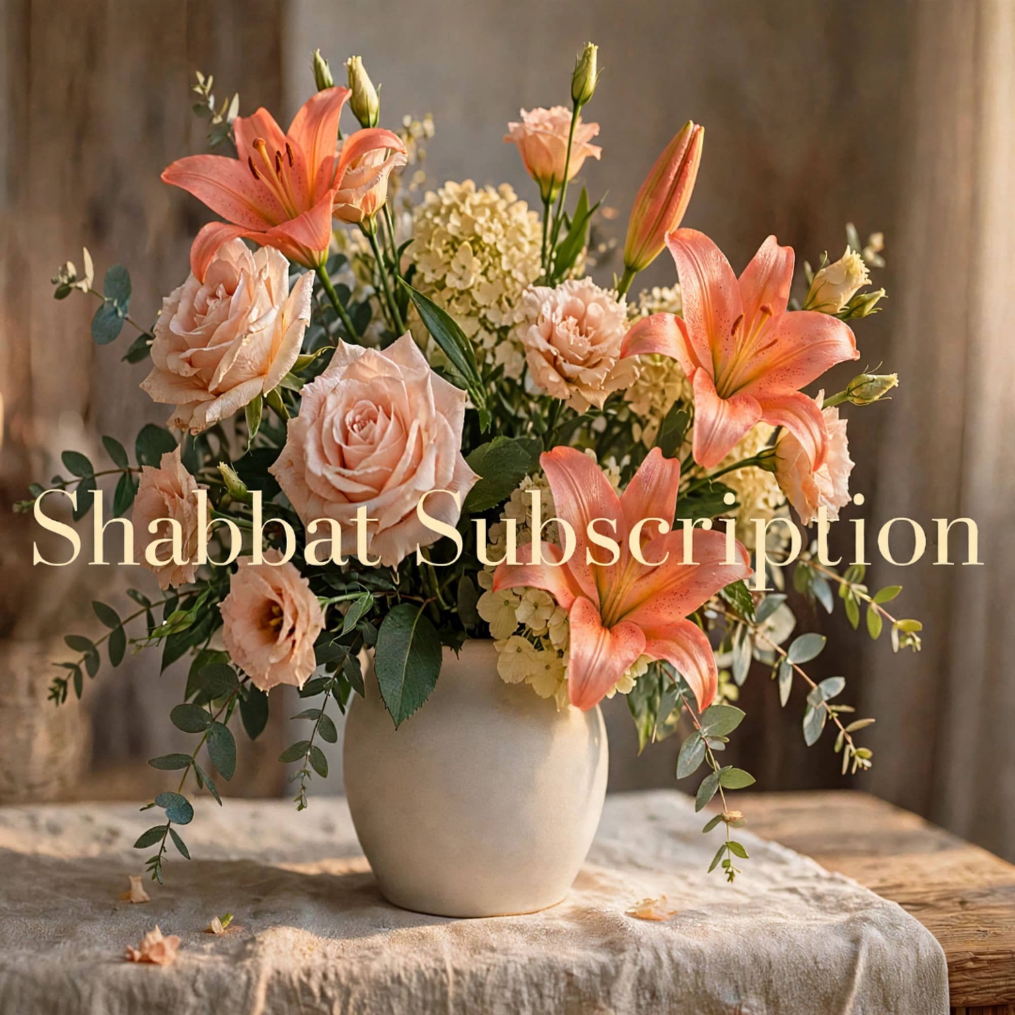 Peach lilies and roses in a white vase with overlaid text