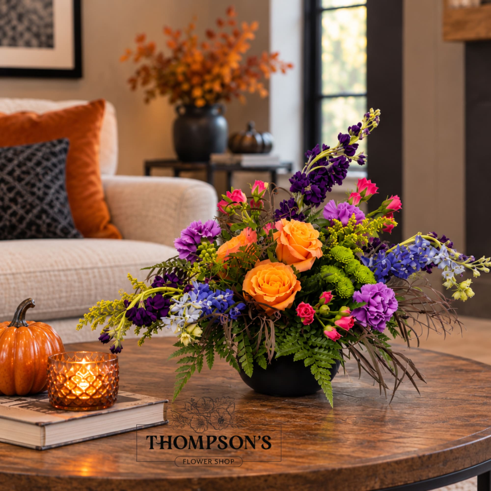 Colorful flower arrangement in a black bowl on a coffee table with a pumpkin and candle