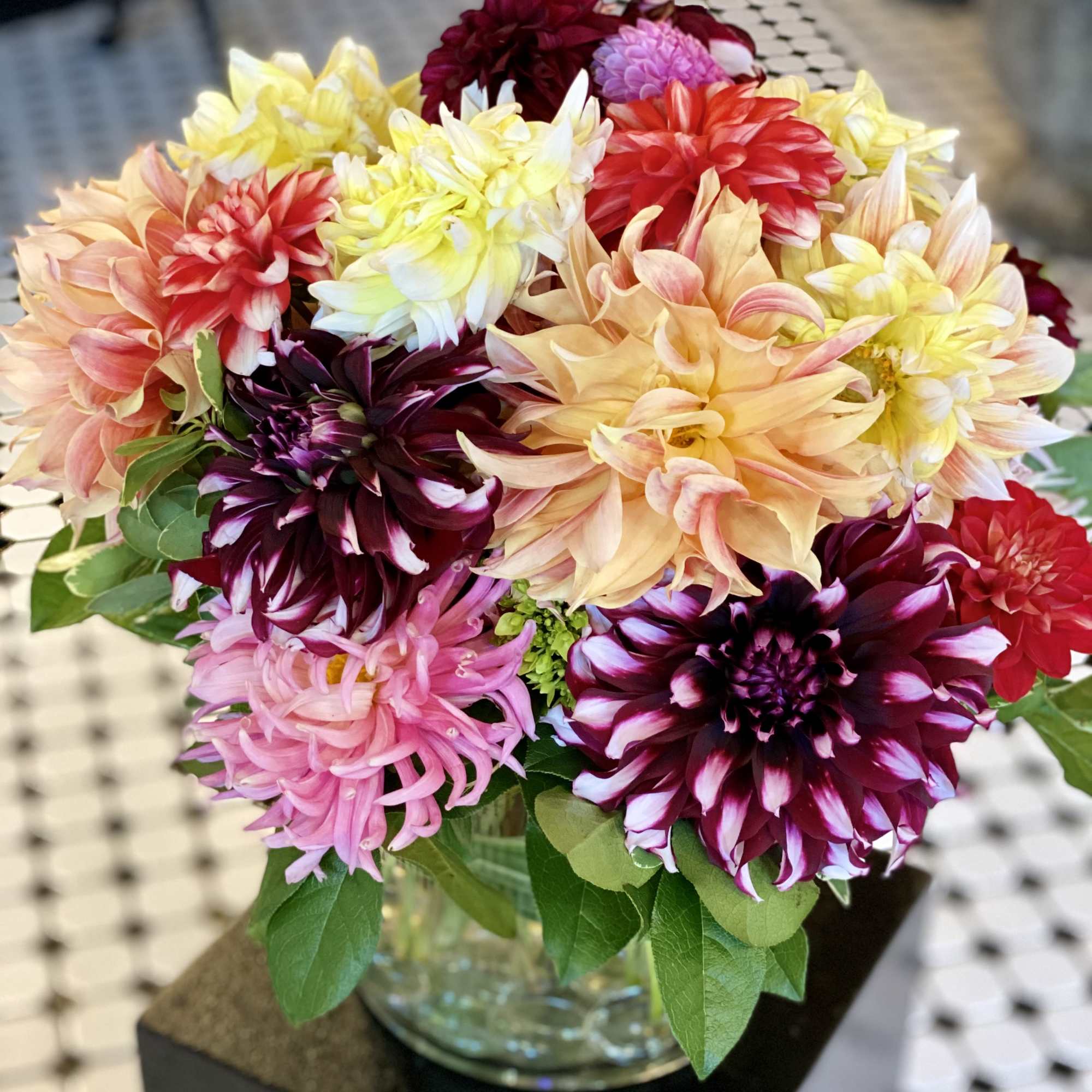 Colorful dahlia bouquet in a clear glass vase
