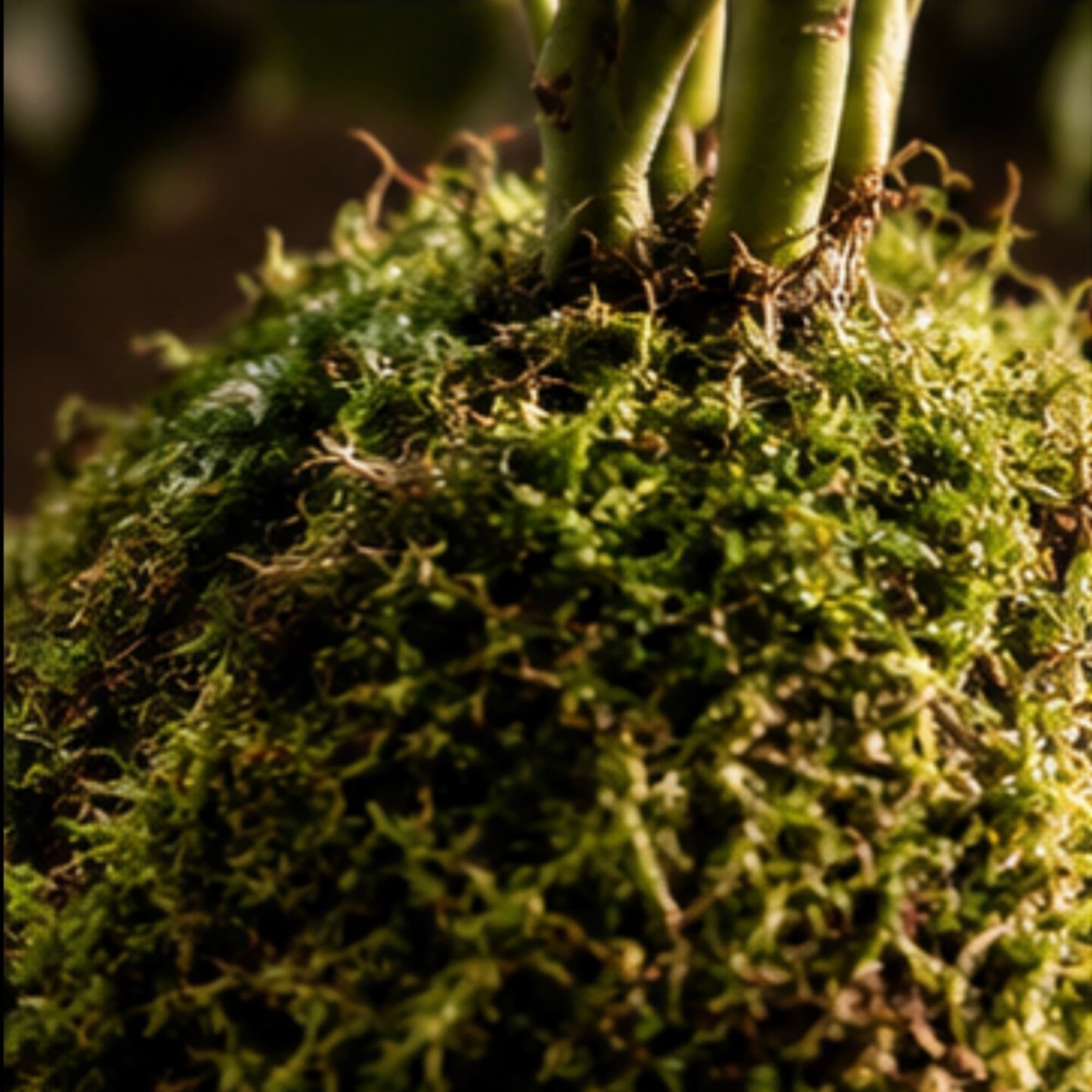 Close-up of a moss-covered plant base with green stems