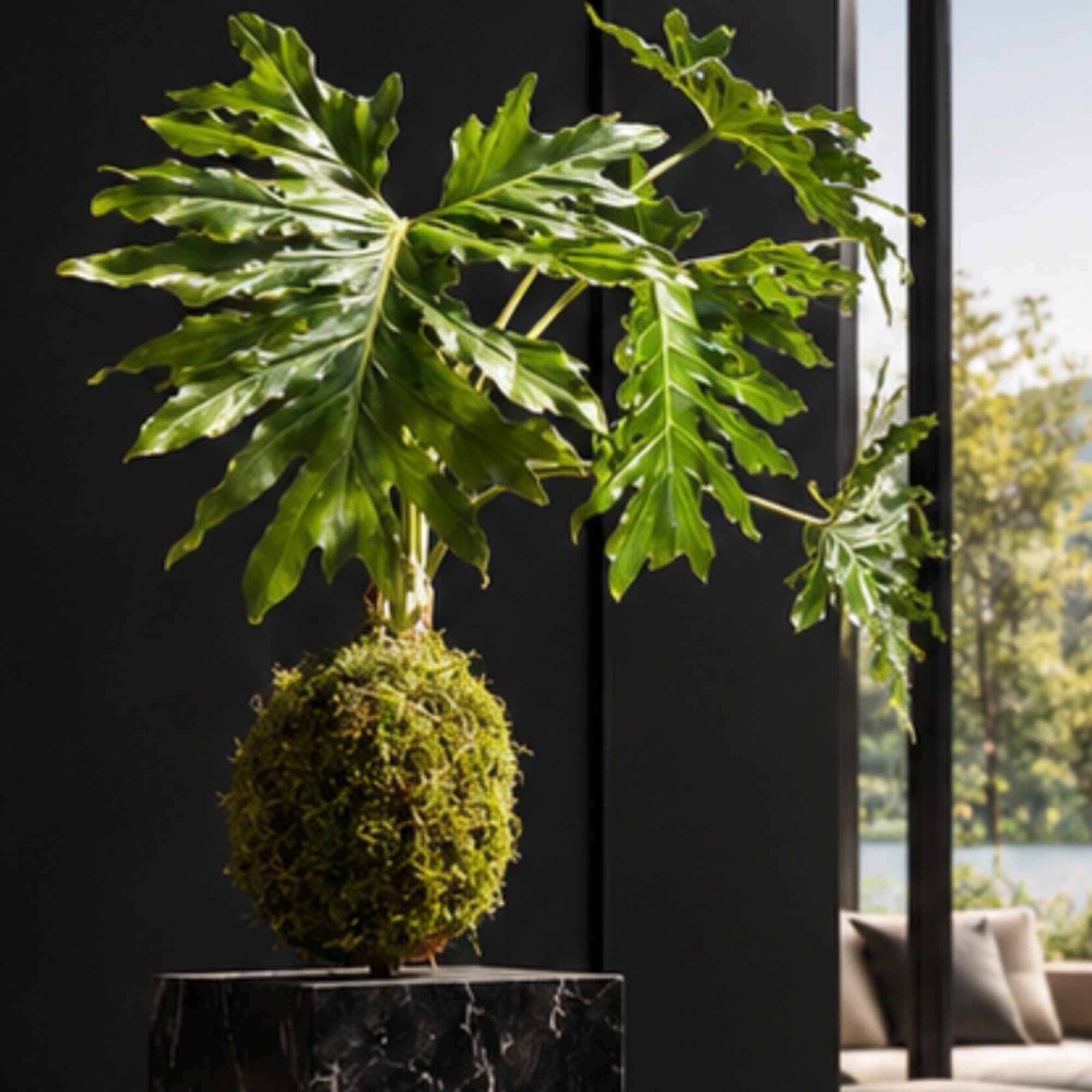 Potted tropical plant with large split green leaves in a moss-covered ball planter