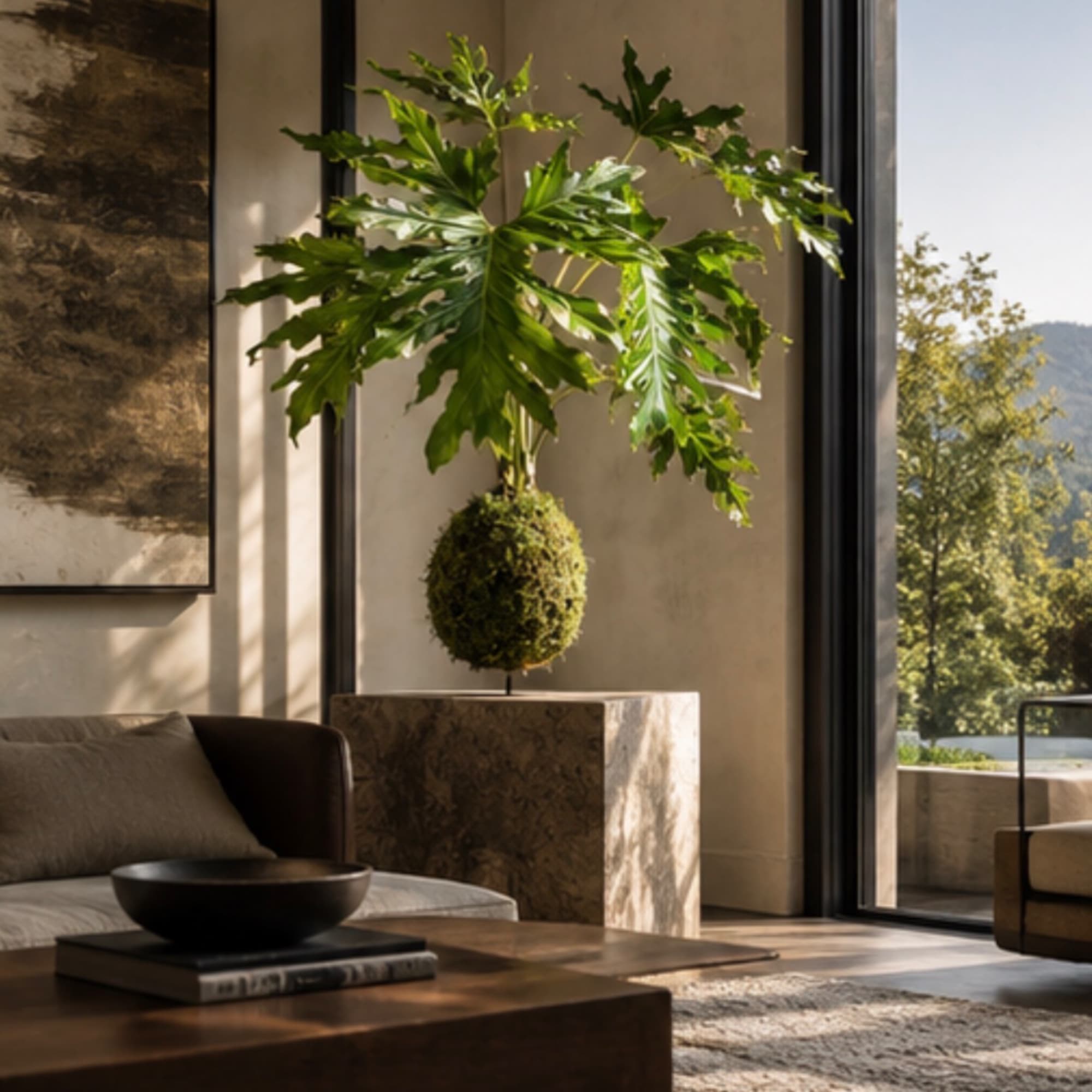Potted indoor plant with large glossy leaves on a pedestal