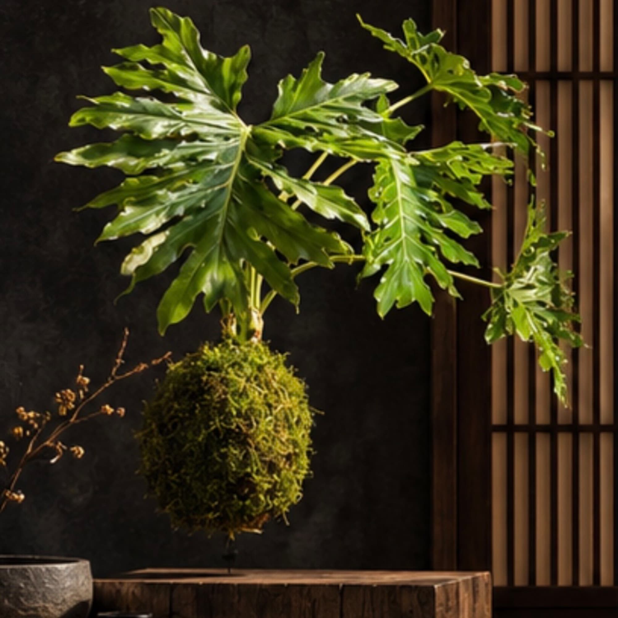 Potted tropical plant with large split green leaves