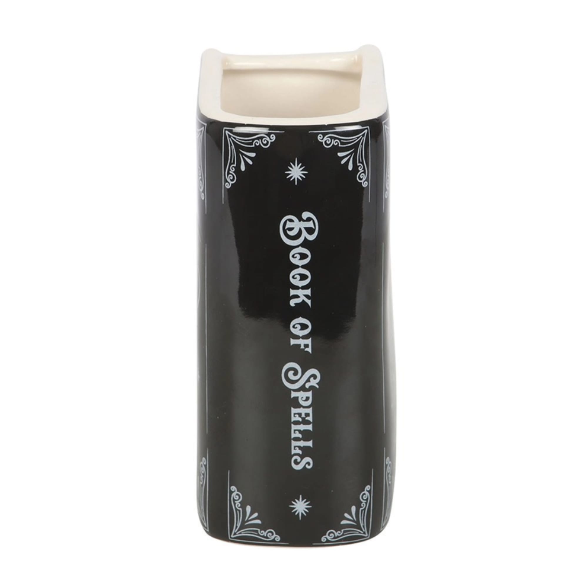 Black ceramic book-shaped vase with the words "Book of Spells"