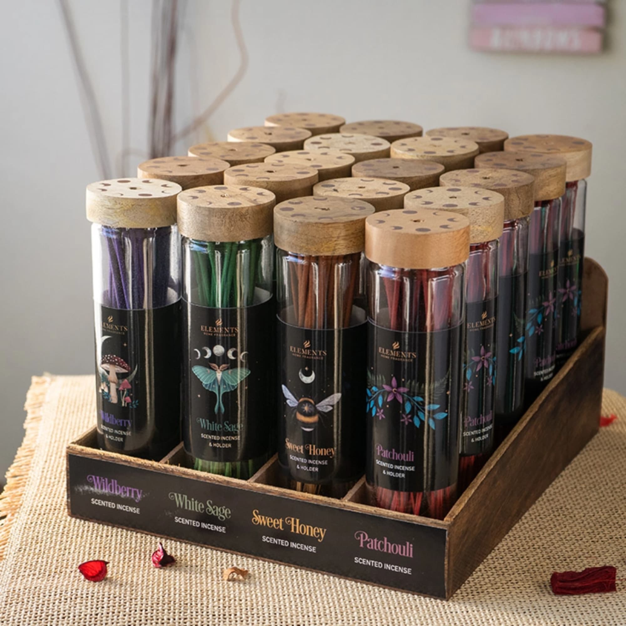 Display tray of scented incense tubes with cork tops