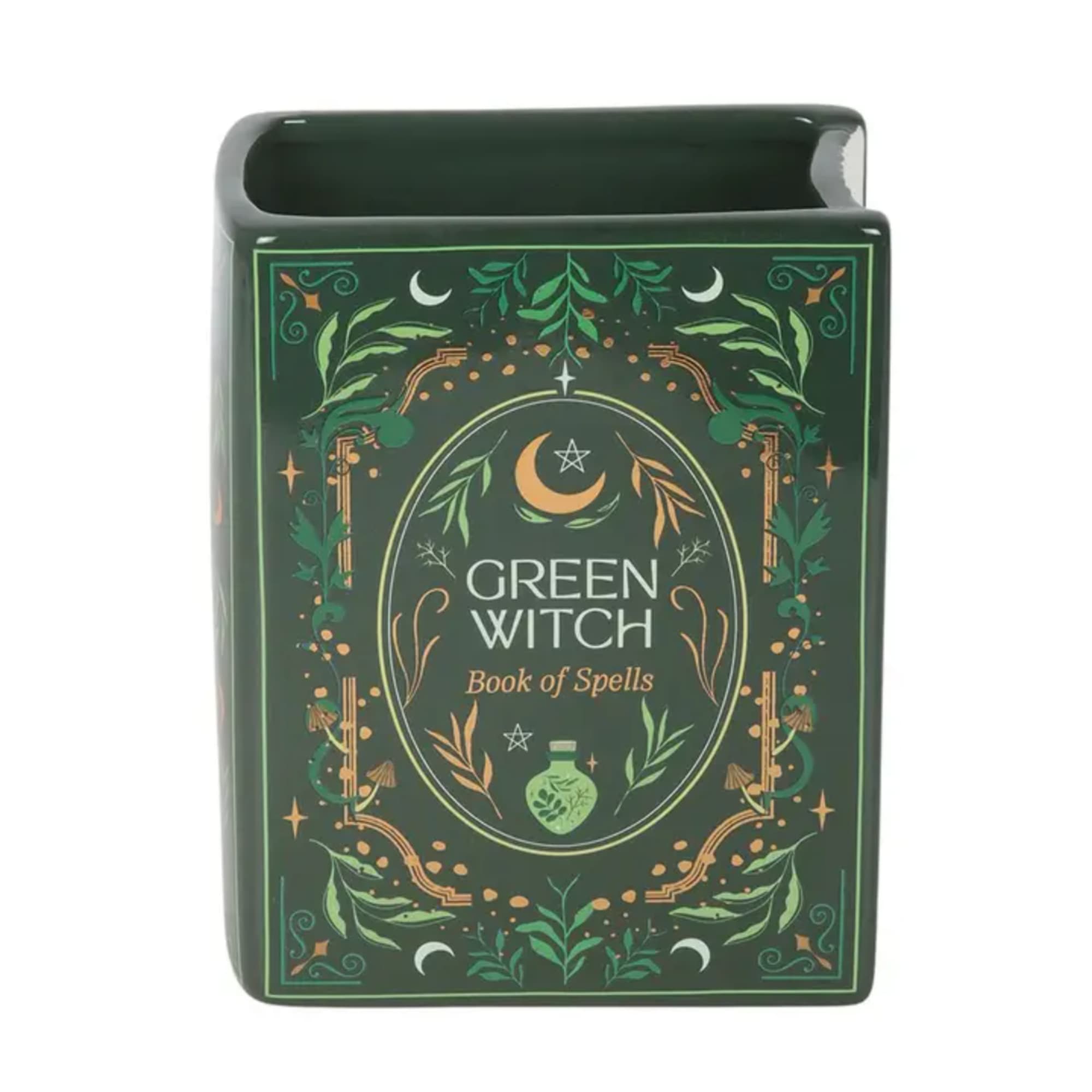 Green witch spell book-shaped ceramic container with decorative botanical artwork