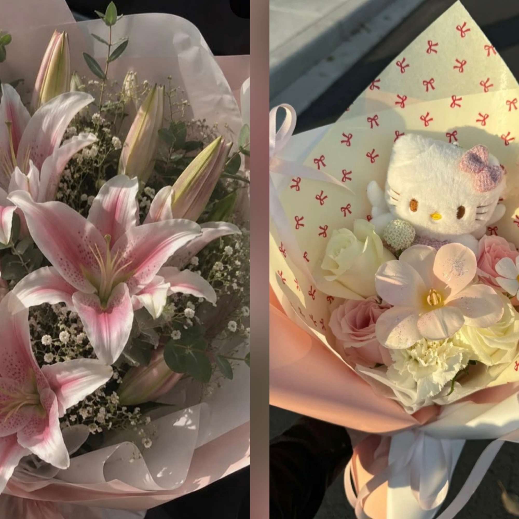 Two pastel bouquets, one with pink lilies and one with a Hello Kitty plush