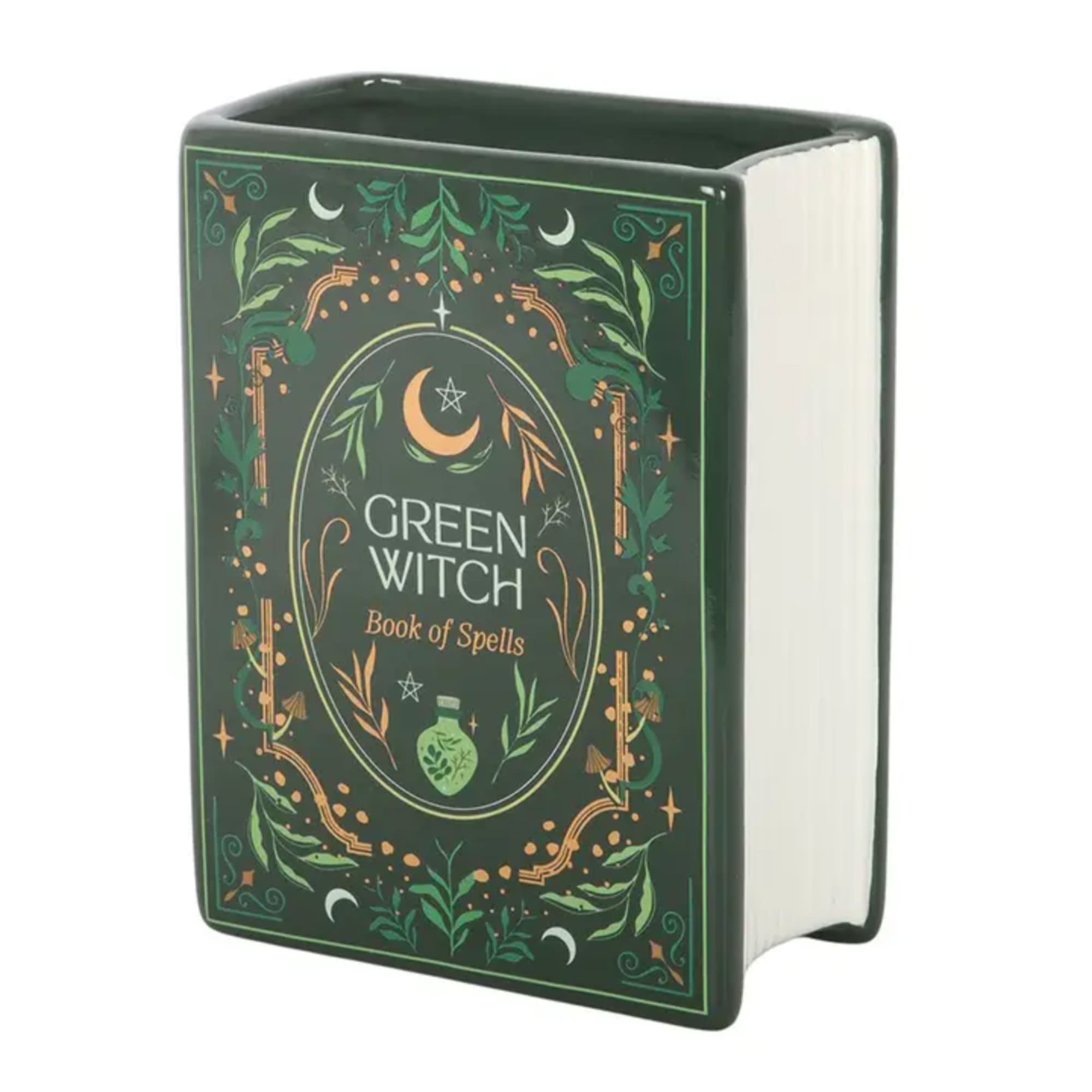 Decorative book-shaped ceramic vase with a green witch design