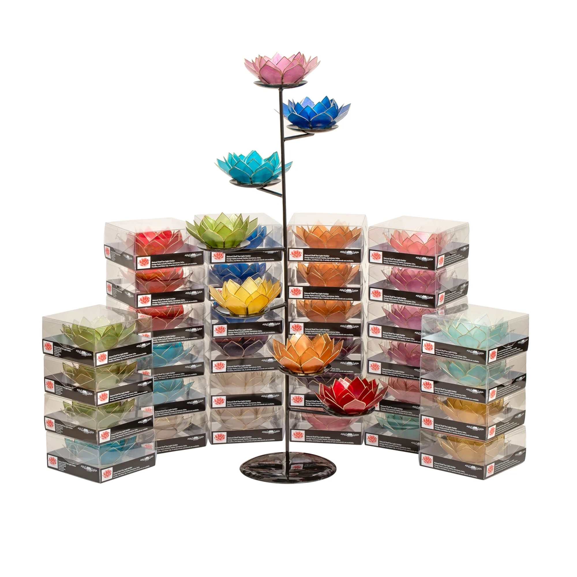 Colorful lotus-shaped candle holders on a metal display stand