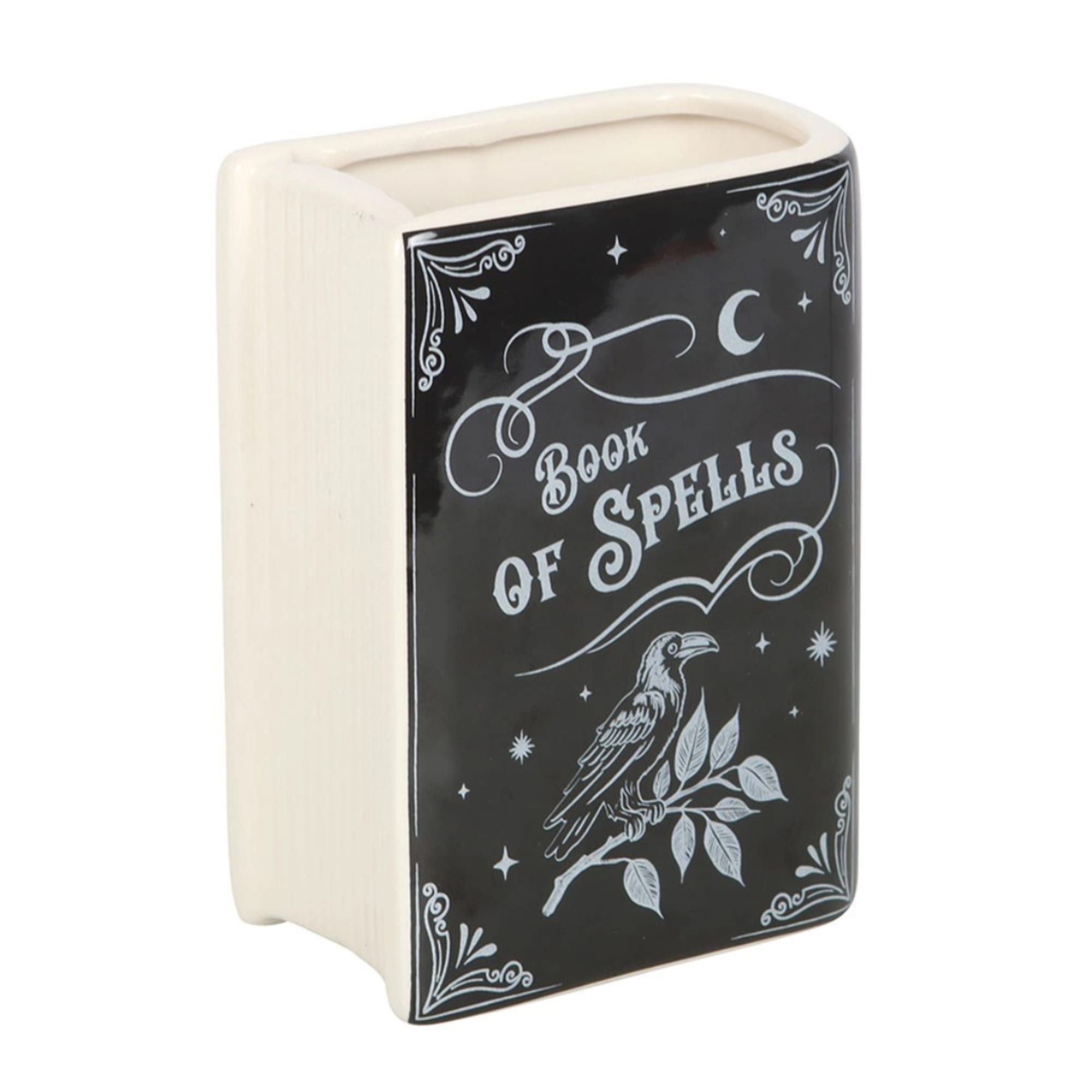 Ceramic book-shaped vase with a black "Book of Spells" cover design