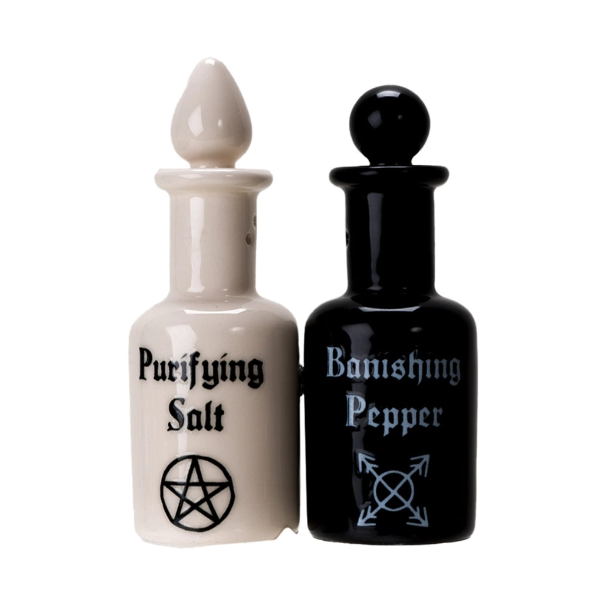 Two ceramic bottles labeled Purifying Salt and Banishing Pepper