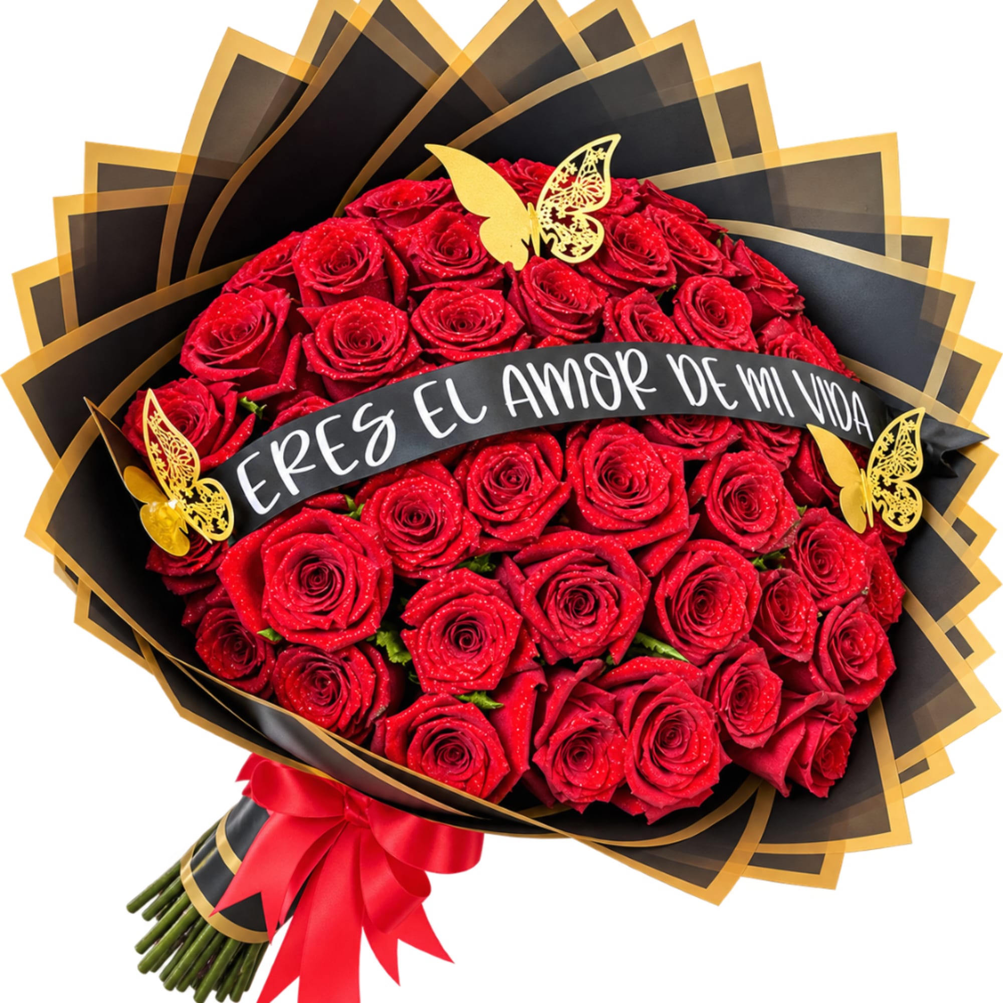 Bouquet of red roses wrapped in black and gold paper with a ribbon