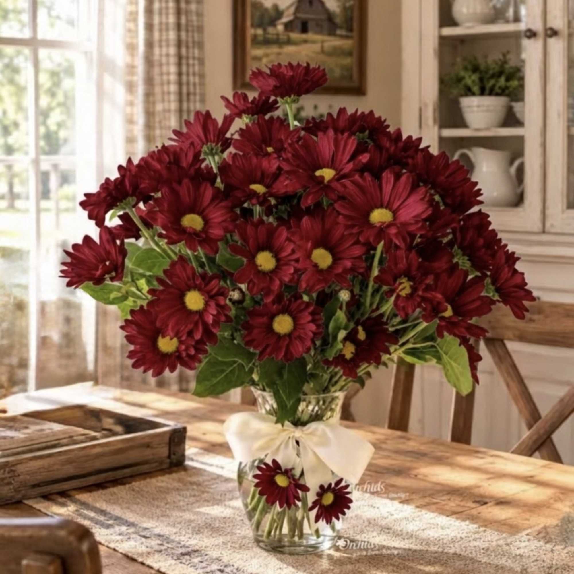 Red daisy bouquet in a glass vase with a white ribbon