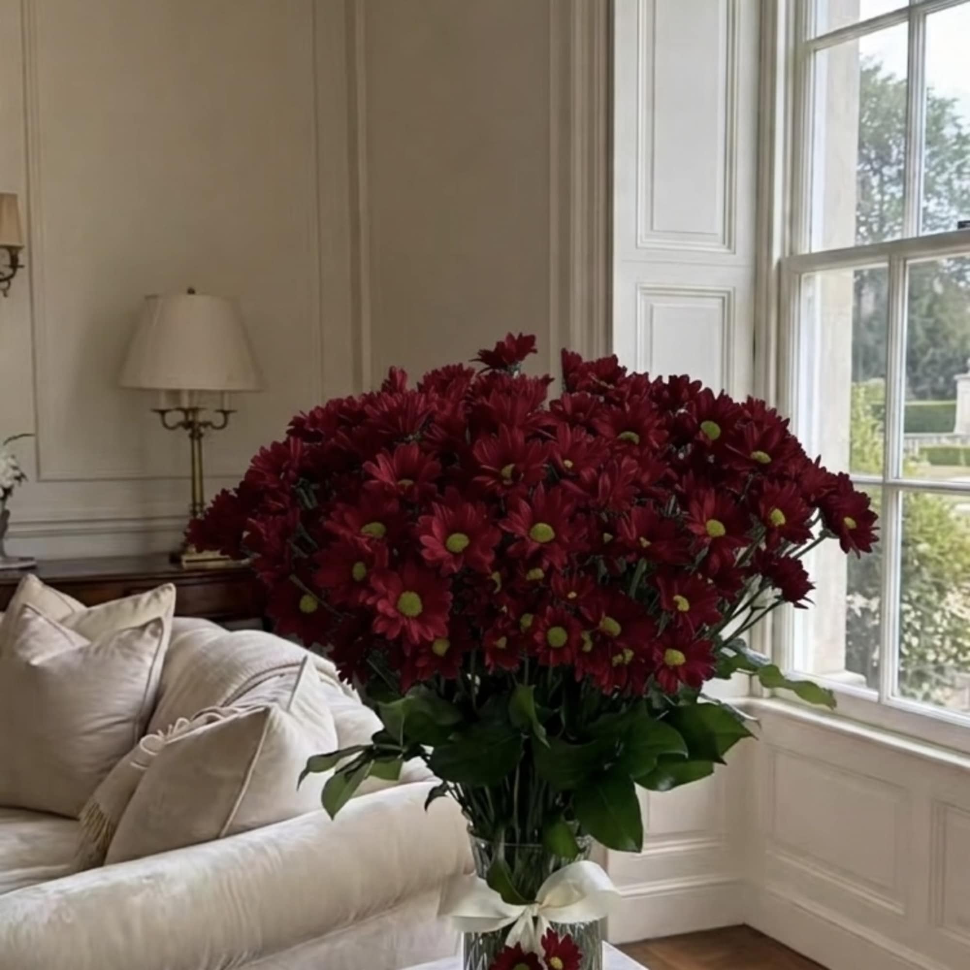 Large red chrysanthemum arrangement in a glass vase with a white ribbon