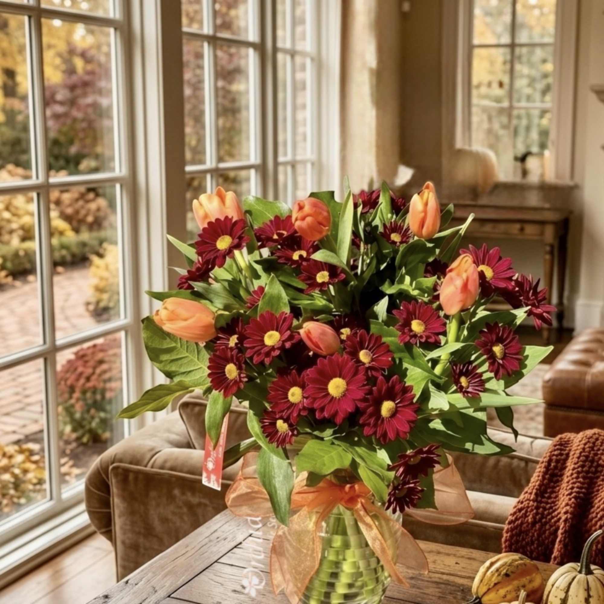 Bouquet of burgundy daisies and peach tulips in a glass vase