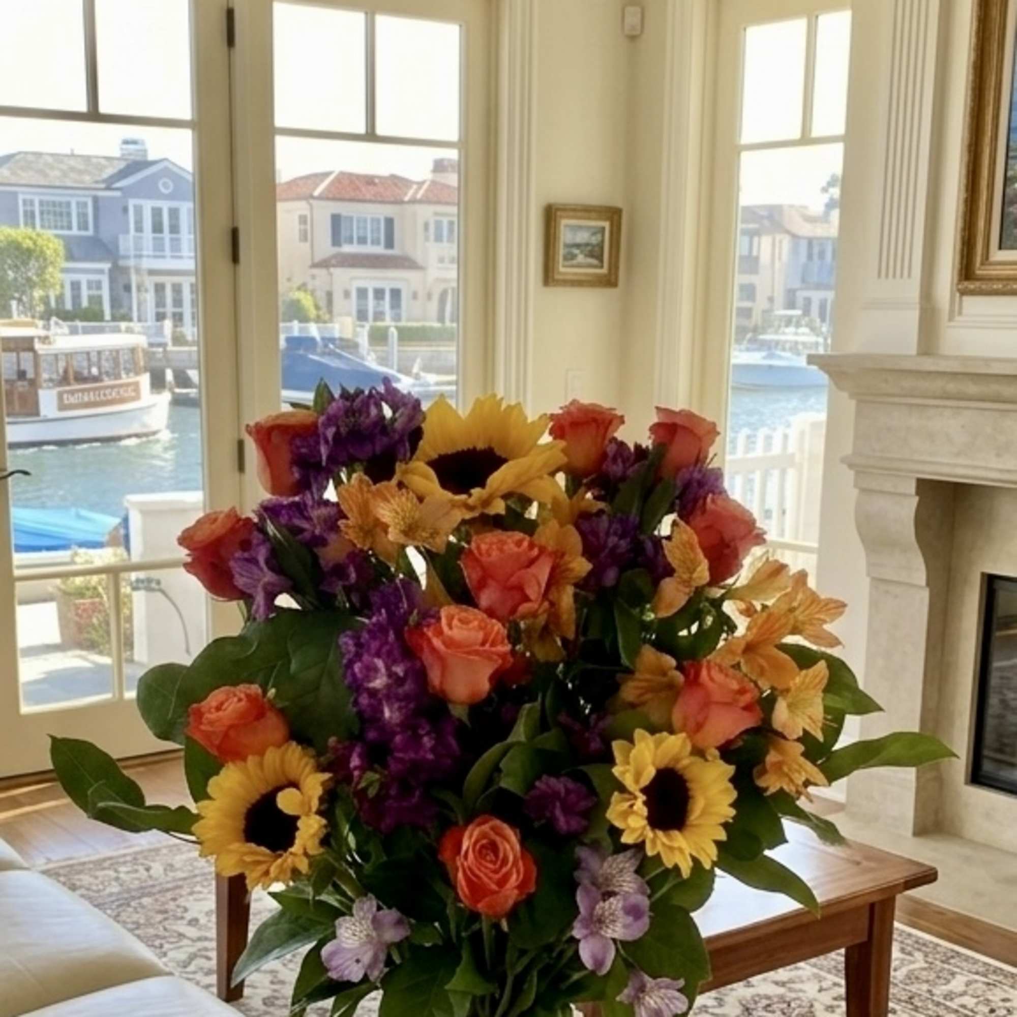 Mixed bouquet of sunflowers, roses, and purple flowers in a glass vase